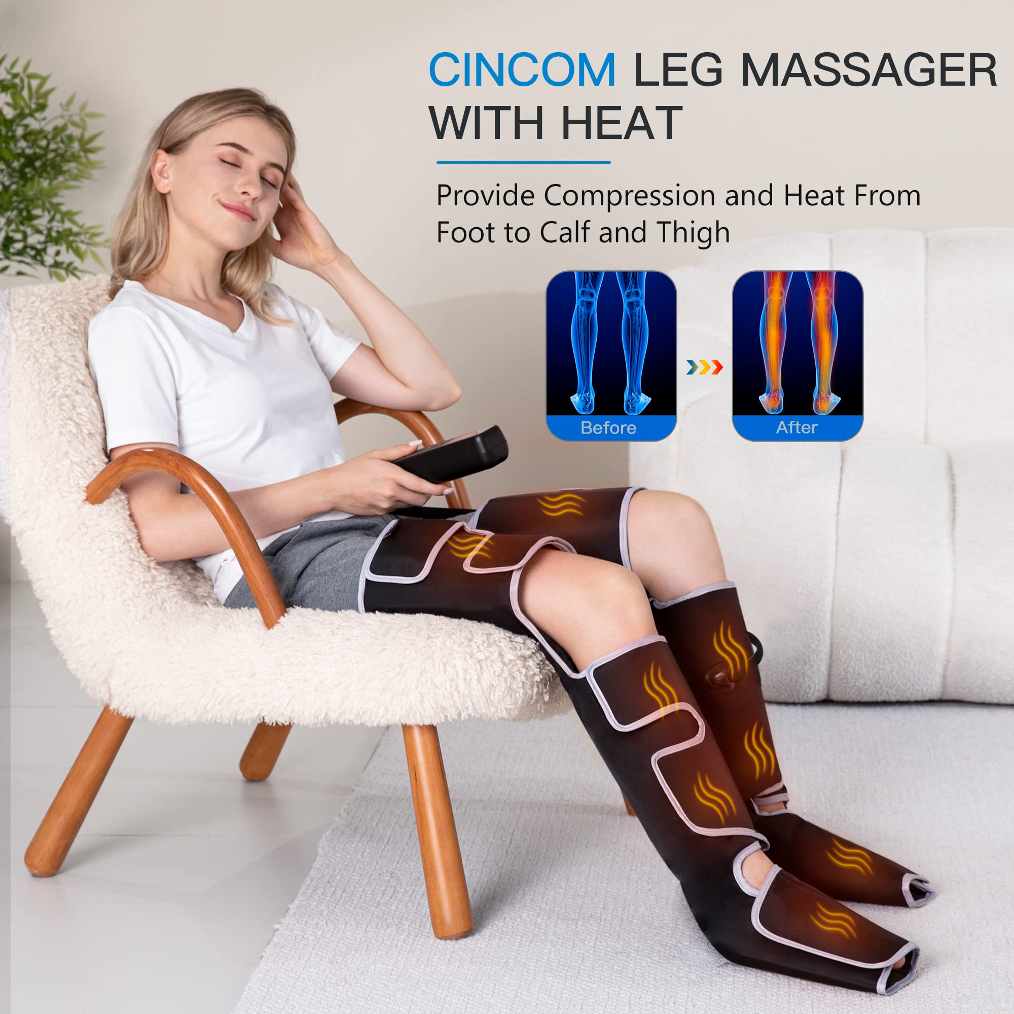 Cincom Leg Massager With Heat, Air Compression Leg Massager For Circulation, Full Leg Massager With 3 Heats 3 Modes 3 Intensitie