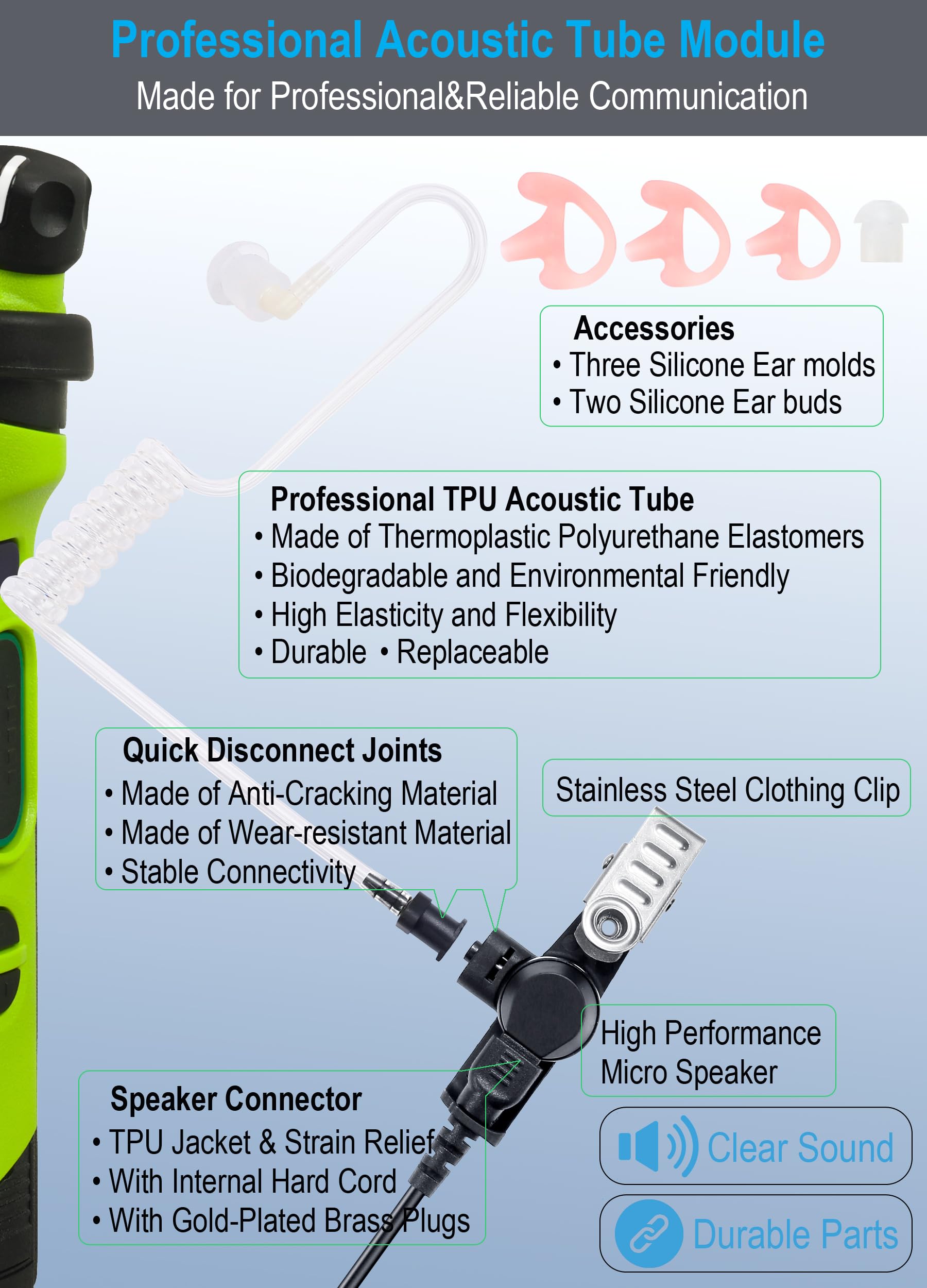 Commountain 3.5Mm Listen Only Earpiece Compatible With Speaker Mic, Acoustic Tube Receive Only Headset With 3 Earmolds, For Police Security And Law Enforcement Use