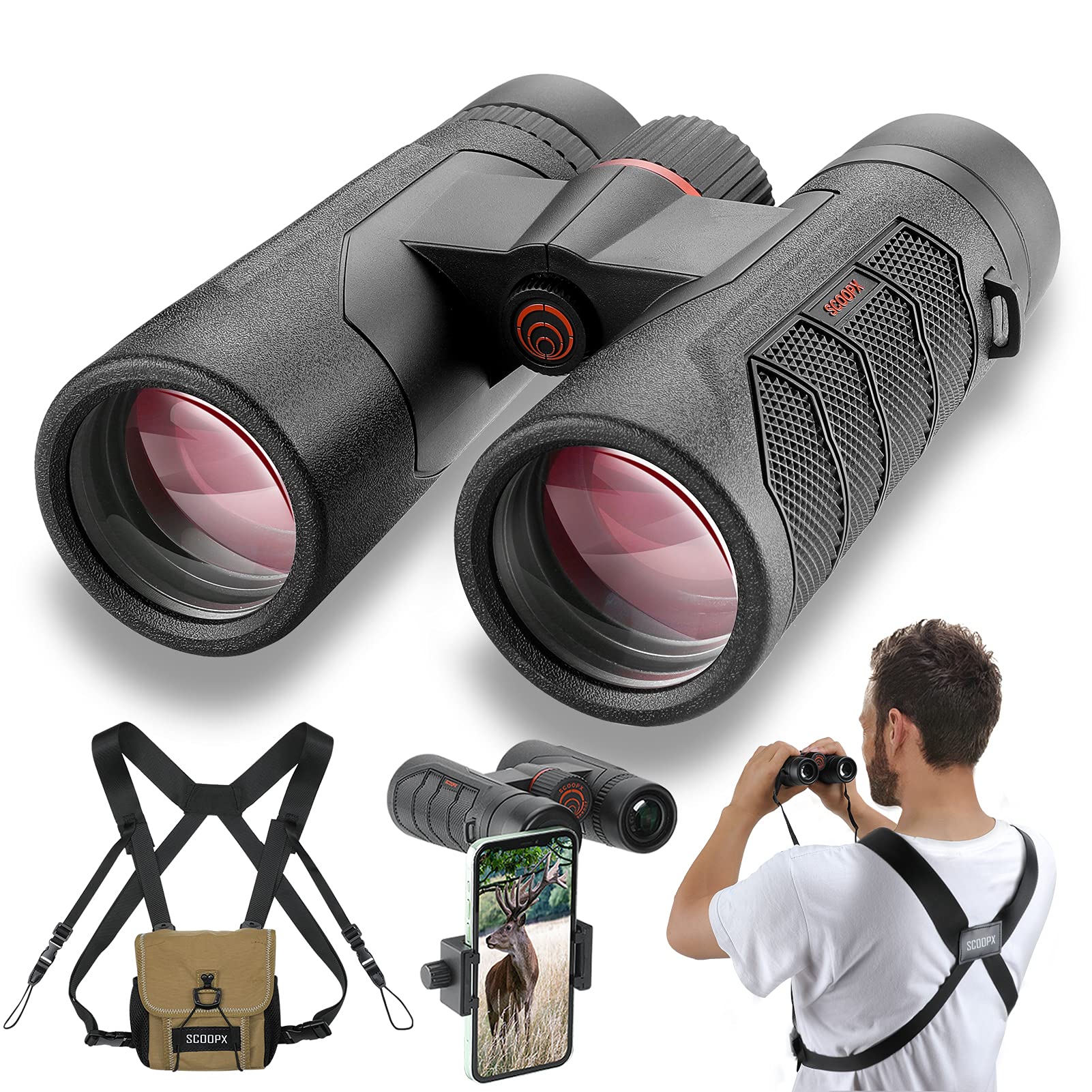 10x42 Ultra HD Binoculars with Phone Adapter and Harness - 24mm Large View Eyepiece, Edge-to-Edge Sharpness, 6.5 Wide Angle Fiel