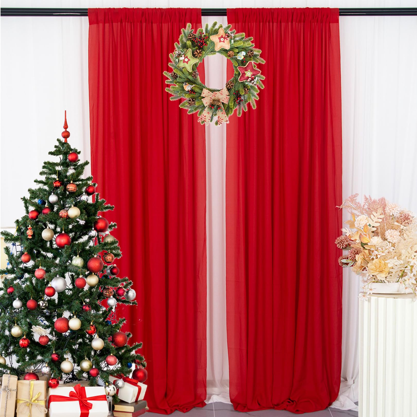 DUOBAO Red Chiffon Backdrop Curtain-2 Panels 29x96-Inch Wedding Backdrops Drapes Beach Curtains for Living Room Voile Window Pho
