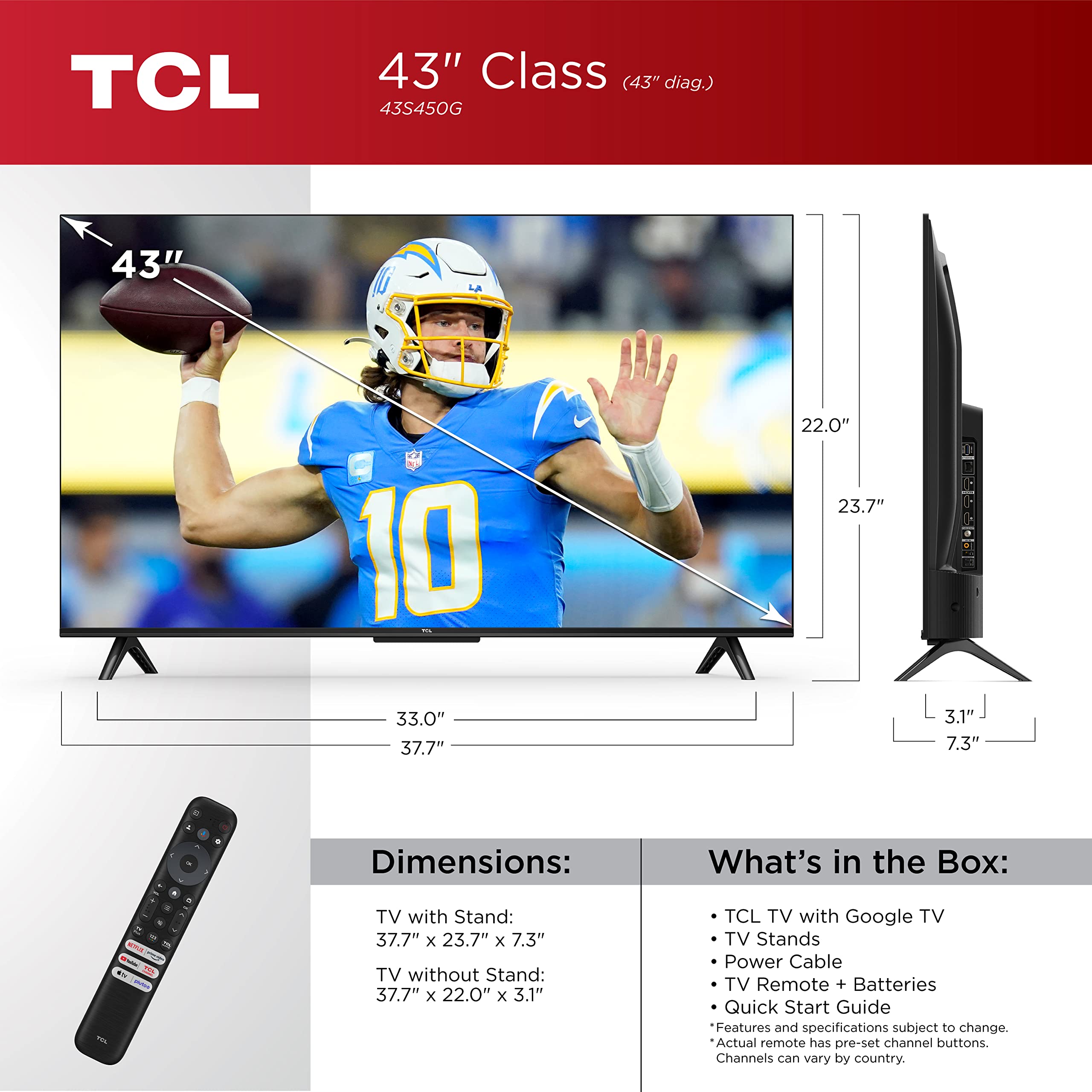 Tcl 43 Inch Class S4 4K Led Smart Tv With Google (43S450G, 2023 Model), Dolby Vision, Hdr Pro, Atmos, Assistant Built In Voice R