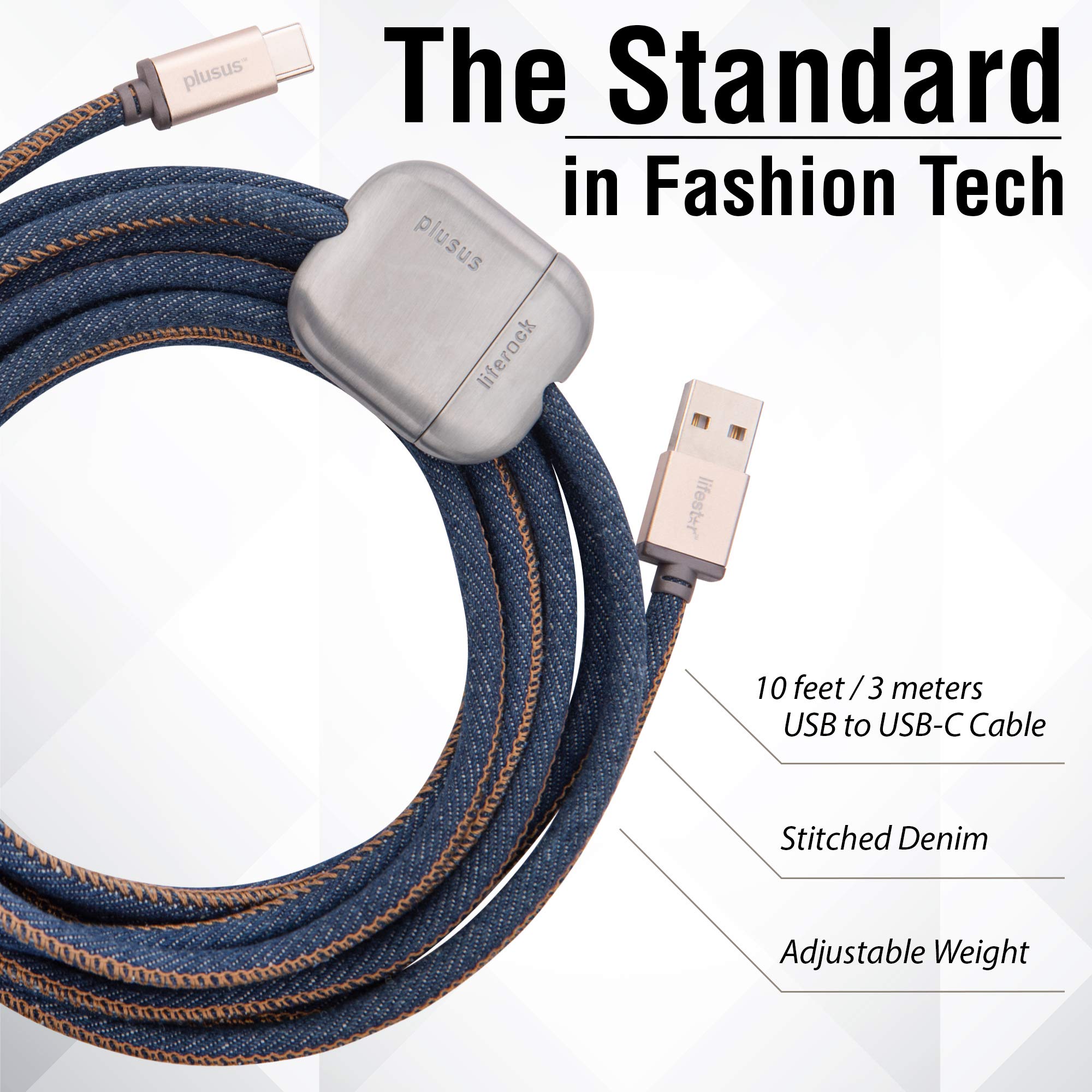 Plusus Liferock 10 Ft (3M) Extra Long Usb C To Usb Cable Handcrafted In Stitched Denim Featuring An Adjustable Alloy Weight