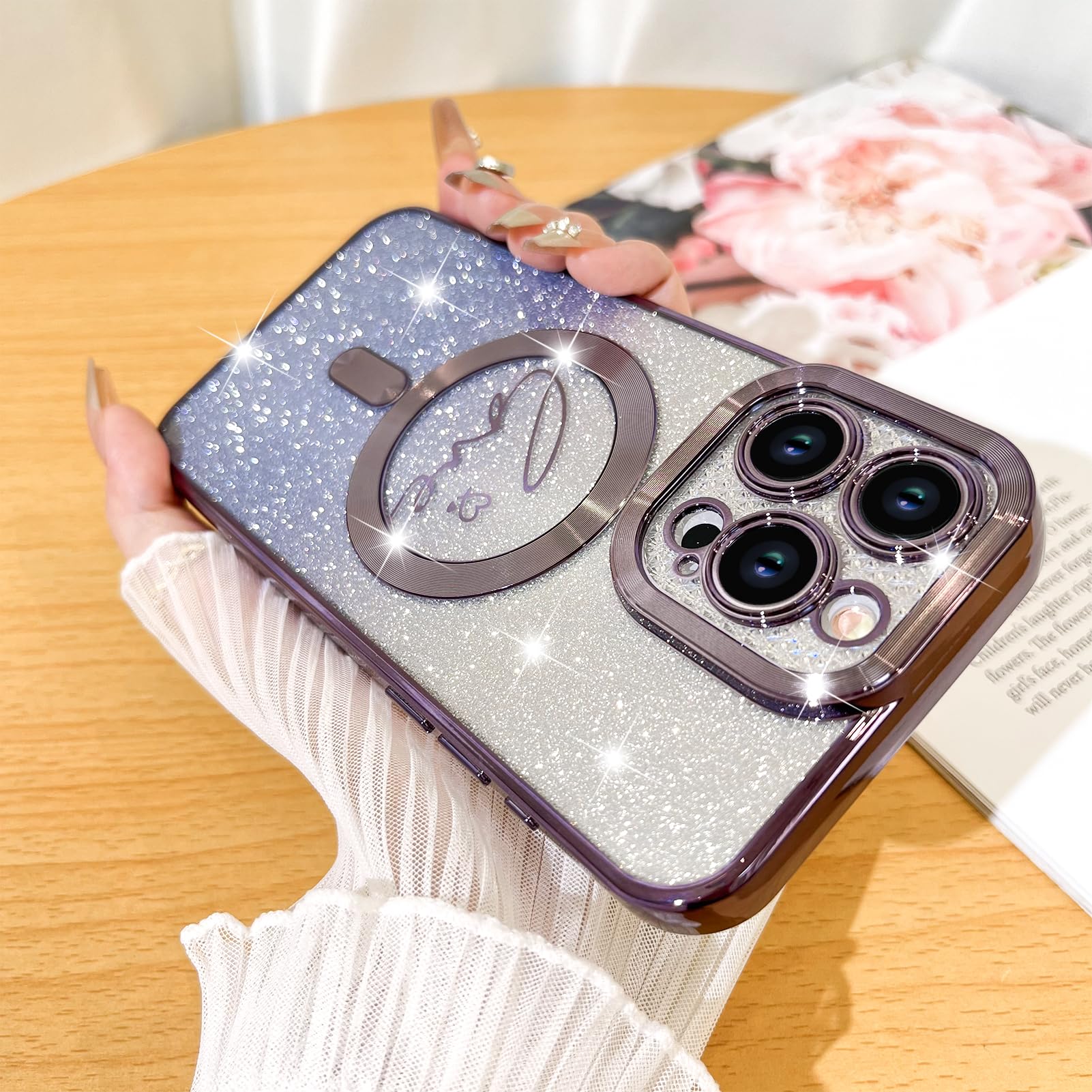 Fiyart Designed For Iphone 15 Pro Case,Compatible With Magsafe Love Heart Plating Camera Protection Clear Phone Case, Magnetic G