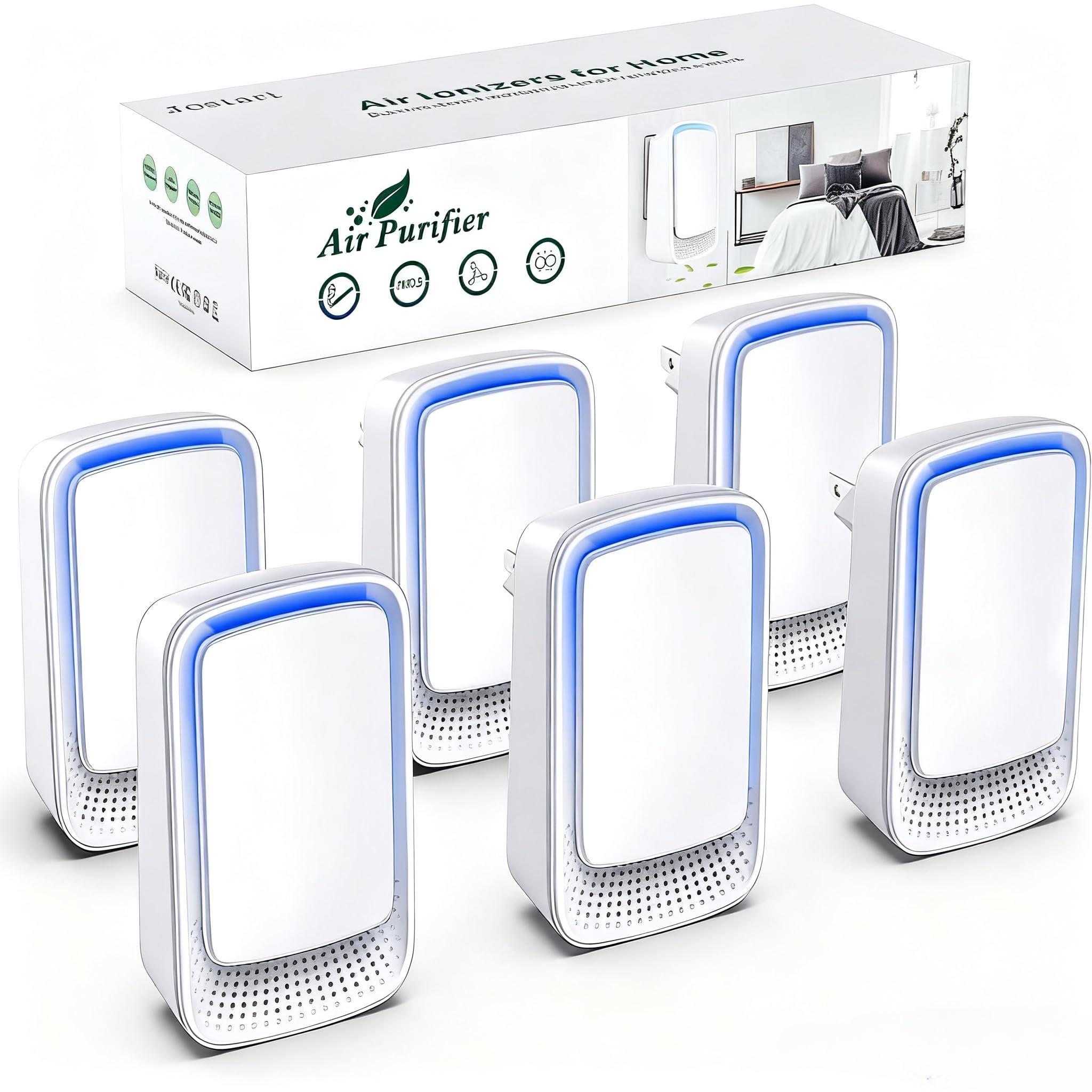Plug In Air Ionizer Purifier for Home (6 Pack), Negative Ion Generator, Quiet Air Freshener for Bedroom, Office, Kitchen, Portab