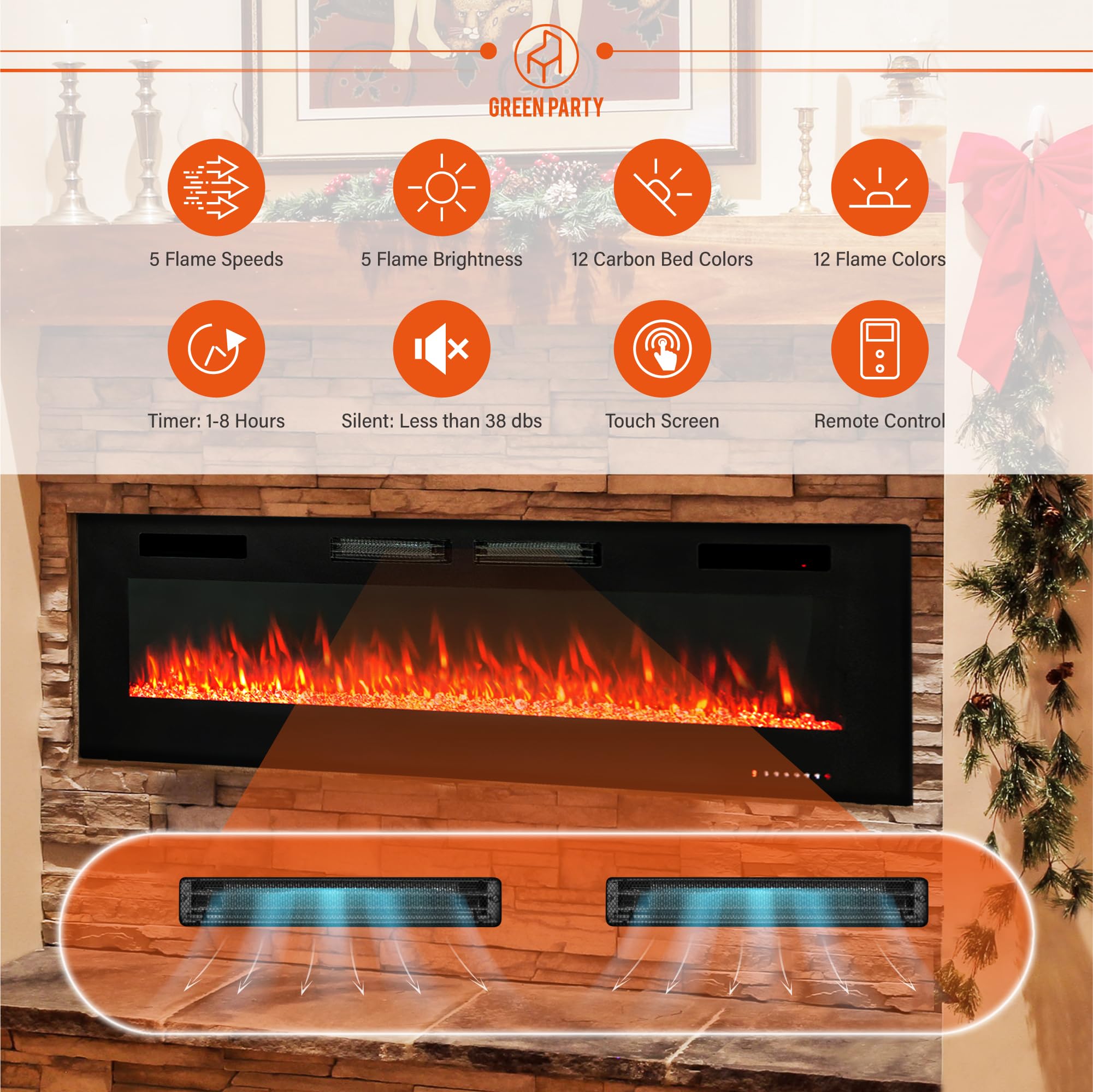 Green Party 72'' Electric Fireplace Recessed/Wall Mounted Ultrathin 3.2'' Fireplace Heater, Low Noise Linear Fireplace With Remo