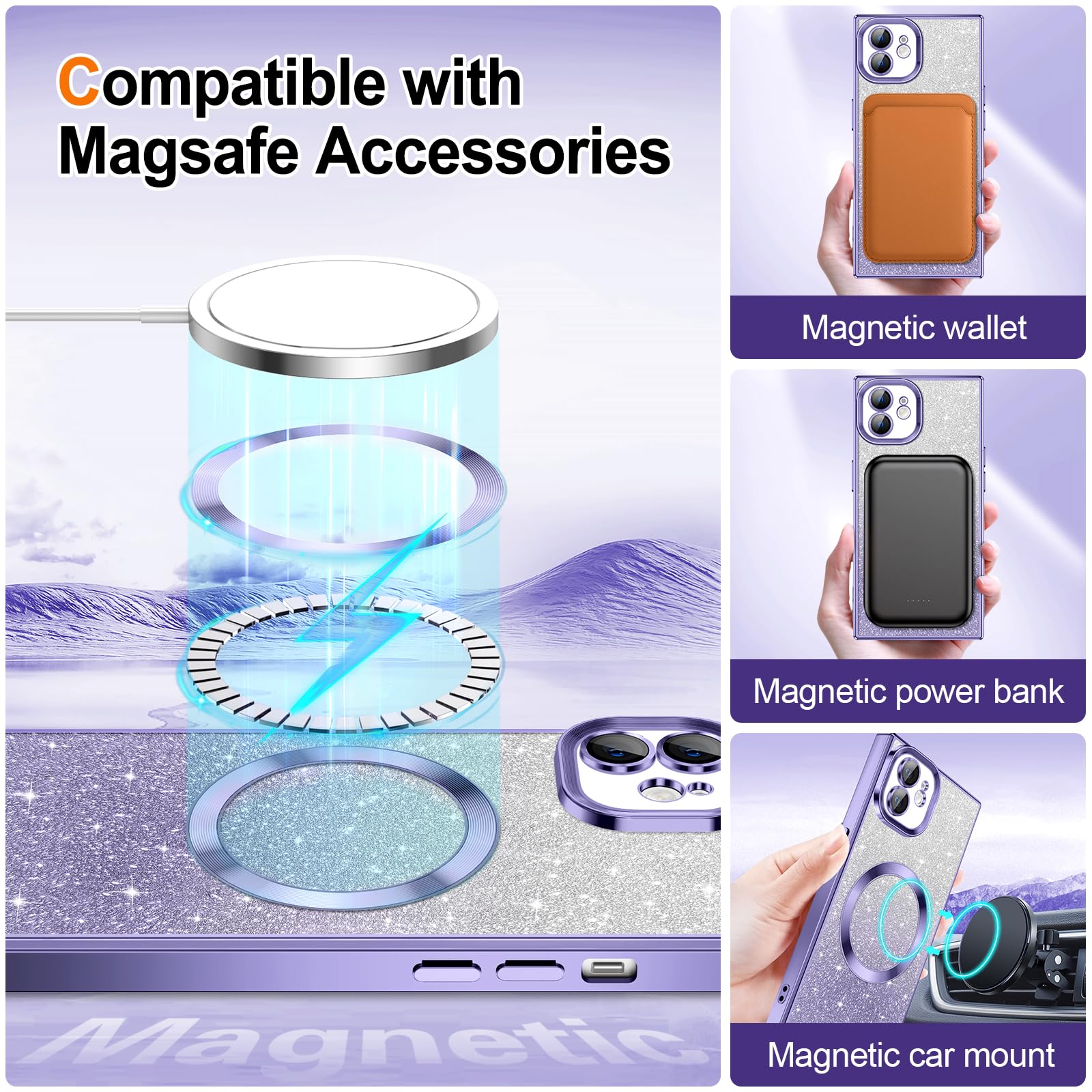 Hython For Iphone 12 Case Clear Magnetic Glitter Phone Cases [Compatible With Magsafe] Full Camera Lens Protector Gradient Spark