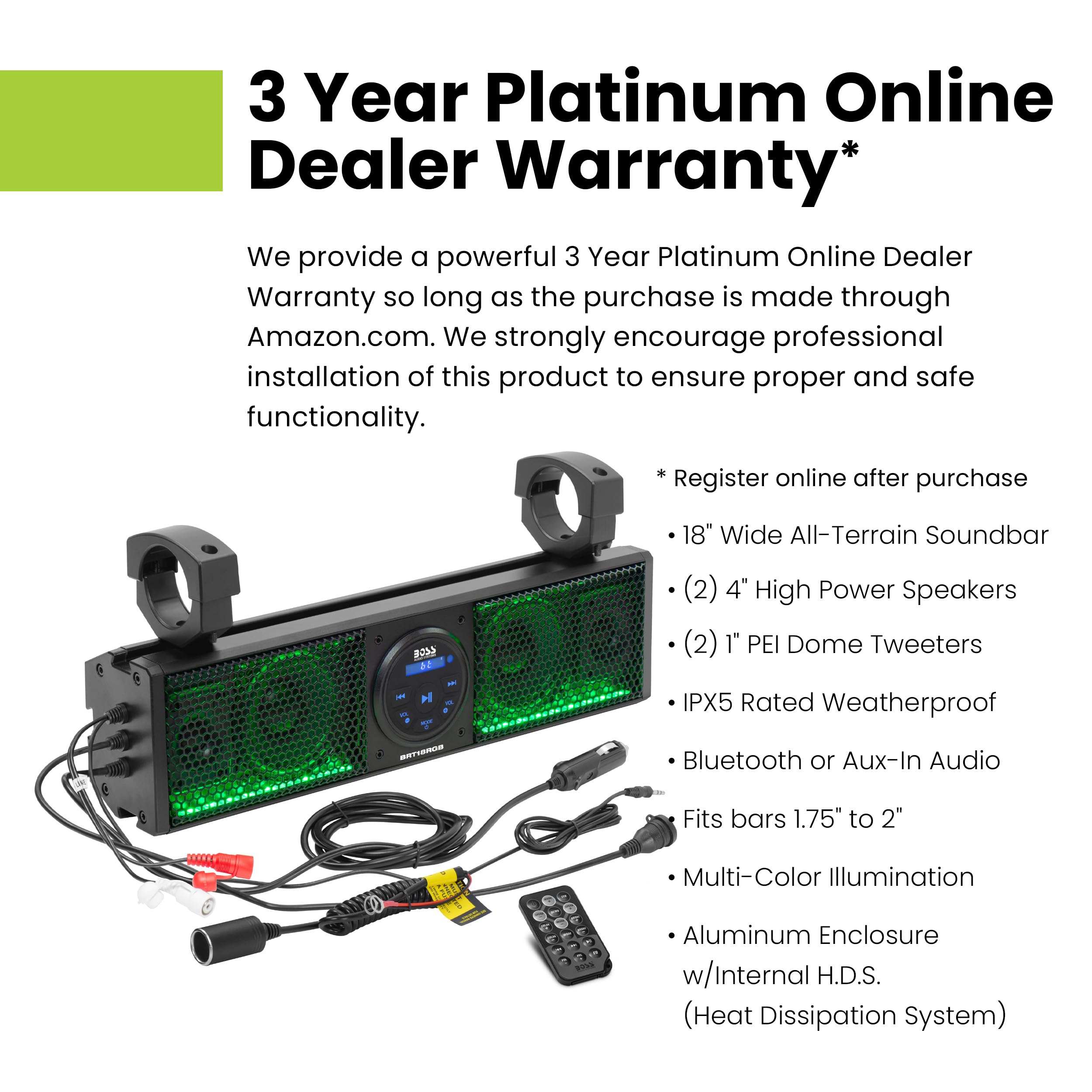 Boss Audio Systems Brt37Slr Atv Utv Sound Bar   37 Inches Wide, 3 Inch Speakers, 1 Inch Tweeters, Full Range, Ipx5 Weatherproof,