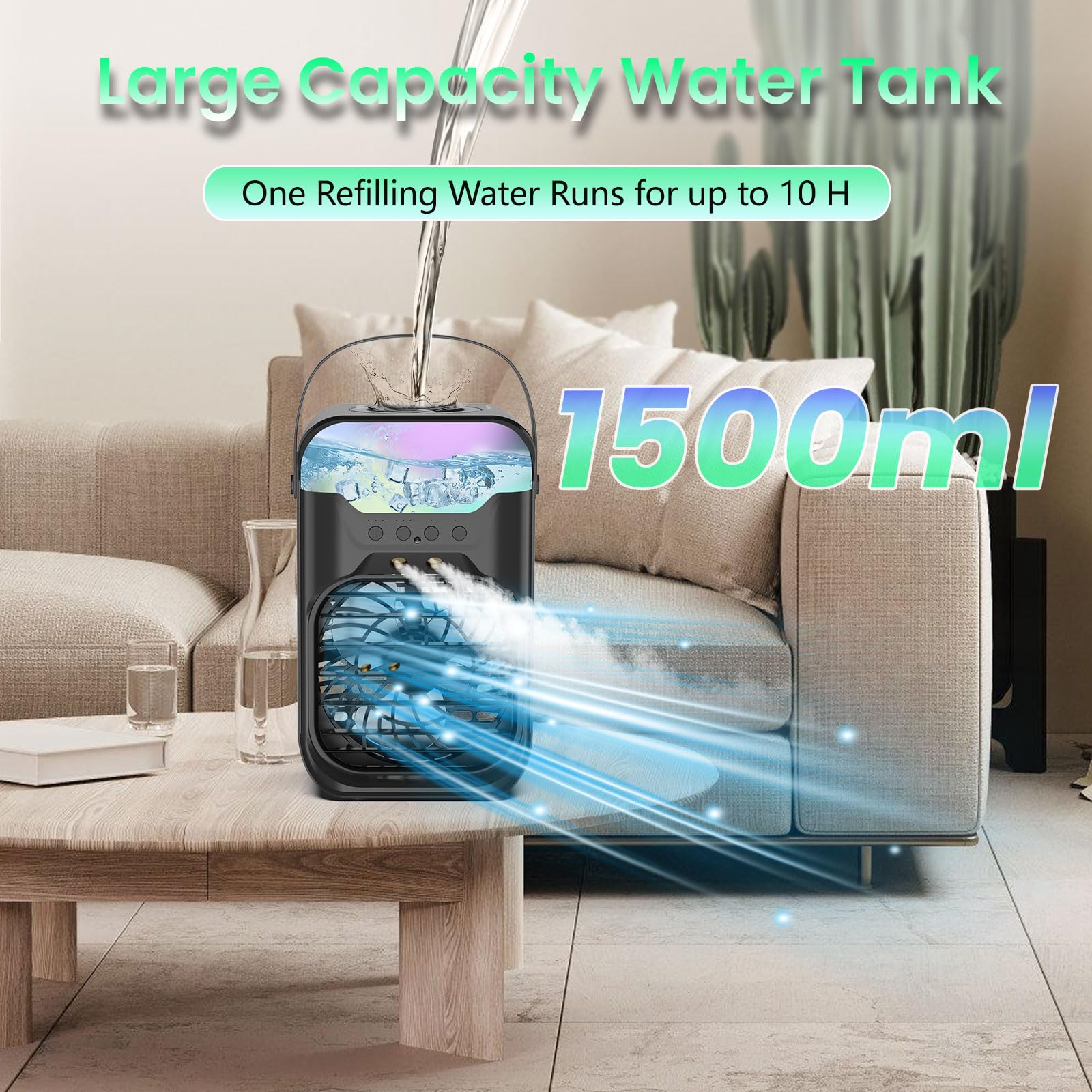 Ifty Small Portable Air Conditioners, Portable Ac Unit W/Remote, 1.5L Water Tank, 3 Speeds, 2 Cool Mist, 3 Timers, 7 Night Light