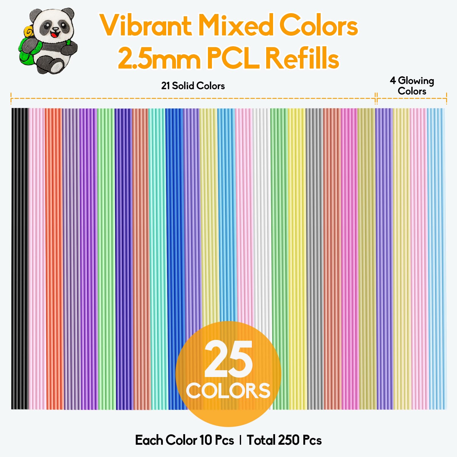 Yungden 250Pcs 3D Pen Refills Pack For 3Doodler Start+ Pen, 25 Colors 2.5Mm Pcl Low Temperature 3D Pencil Filaments, Not Compati