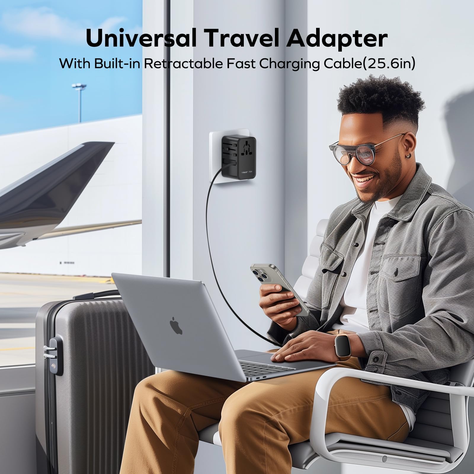Momax Universal Travel Adapter, International Power Plug Adapter With 1 Usb C (Pd 70W), 2 Usb A Ports, 1Usb-C Cable (Pd 70W), Al