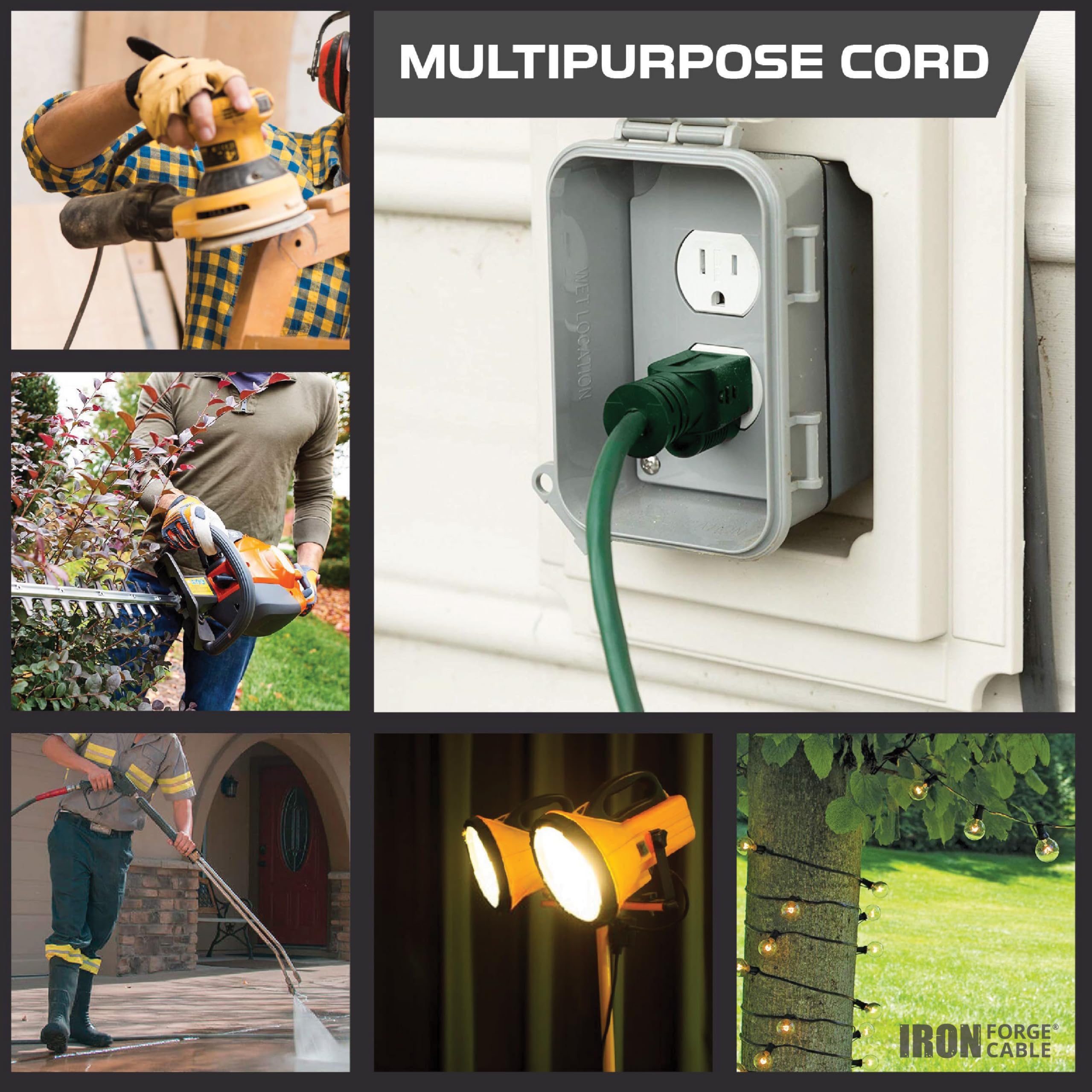 Iron Forge Cable 3 Outlet Outdoor Extension Cord 50 Ft, 2 Pack, 16/3 Heavy Duty Green Extension Cord With Multiple Outlets 3 Pro