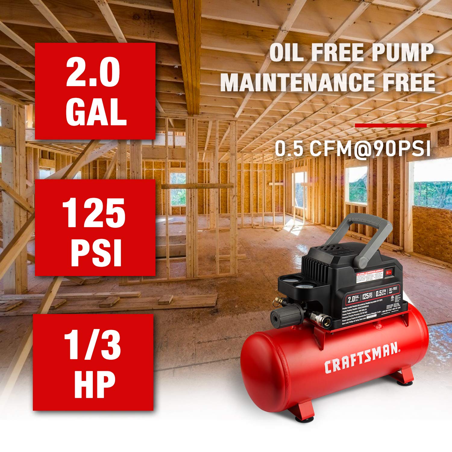 Craftsman Air Tools, 2 Gallon Portable Air Compressor 1/3 Hp Oil Free Max 125 Psi Pressure, Hot Dog, Model: Cmxecxa0200243