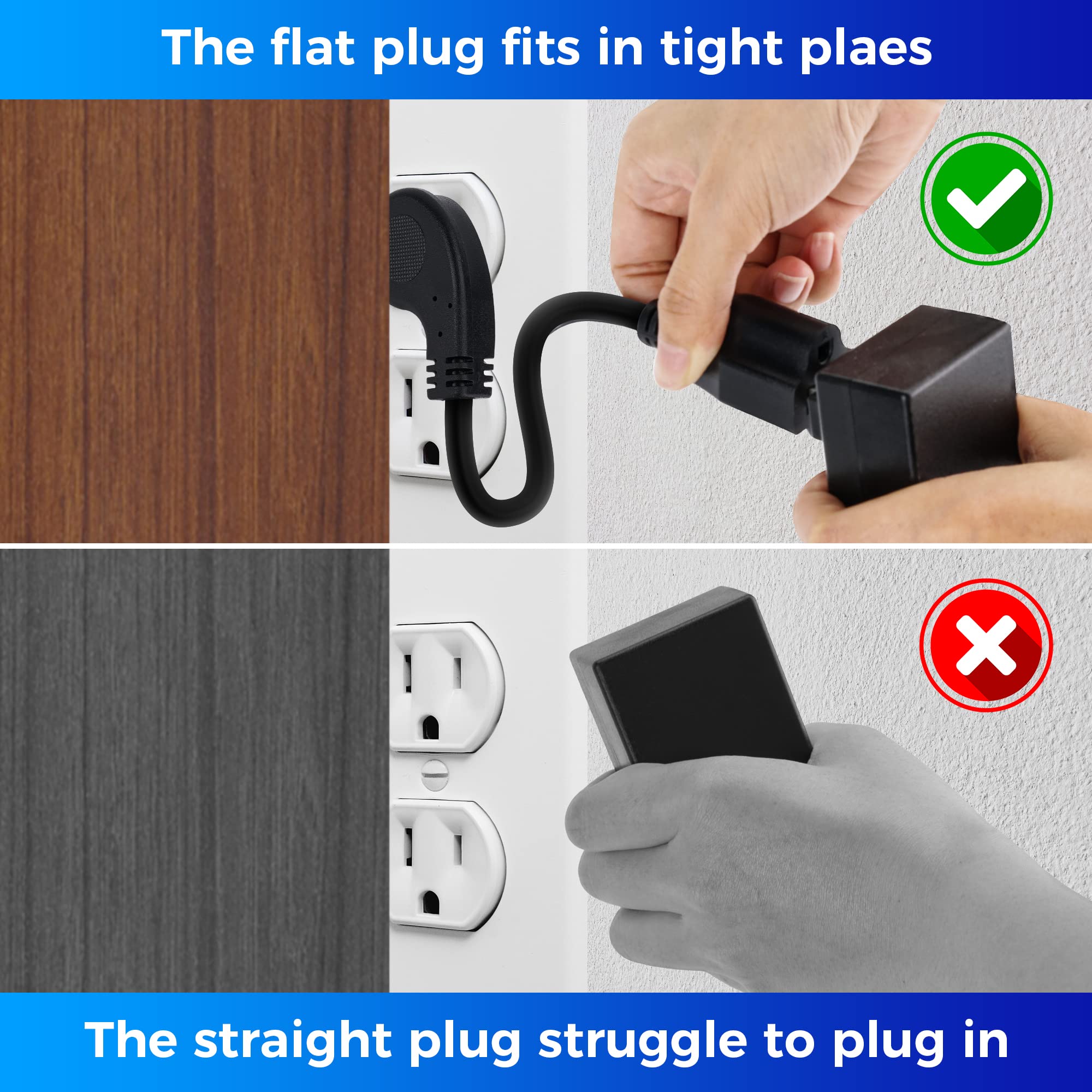 8 Inch Short Power Extension Cord 5Pack,45 Degree Low Profile Flat Plug 3 Prong Male To Female Heavy Duty Grounded Power Extensi