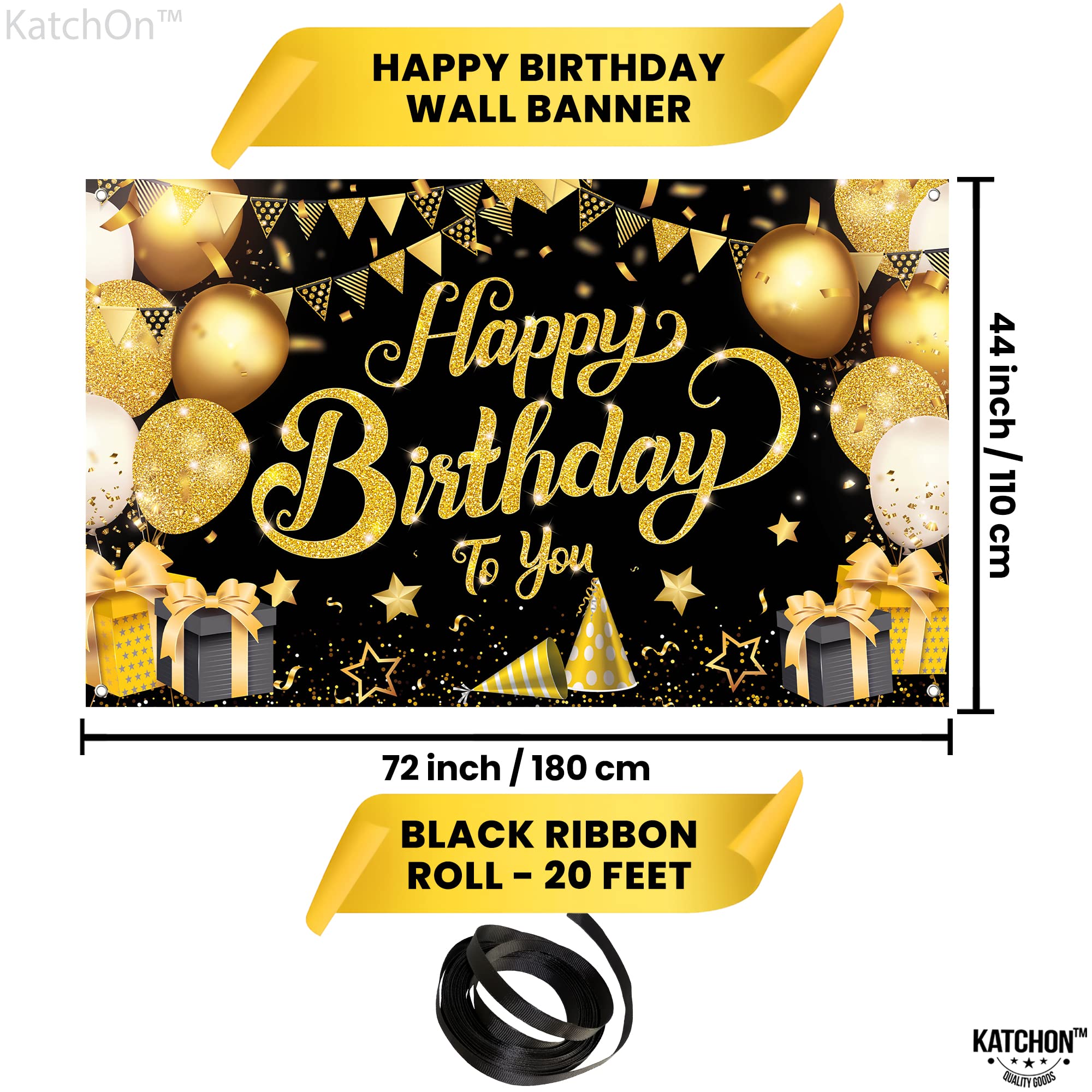 Katchon, Black And Gold Happy Birthday Banner   Xtralarge, 72X44 Inch | Black And Gold Happy Birthday Backdrop, Happy Birthday D