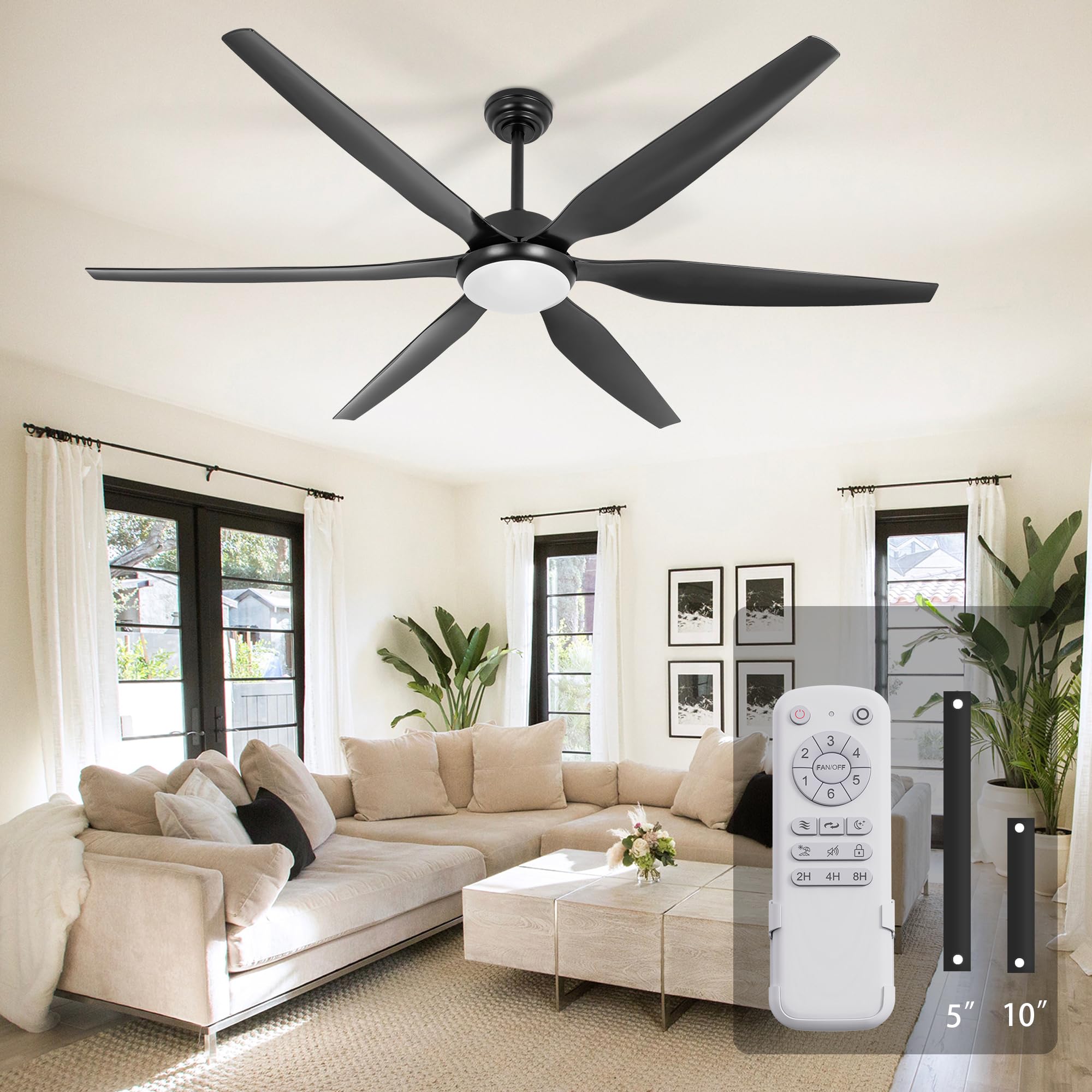 Wozzio 65 Inch Ceiling Fan with Lights and Remote,6 Blades,Reversible,6 Speed Noiseless DC Motor,Large Ceiling Fan Black for Ind