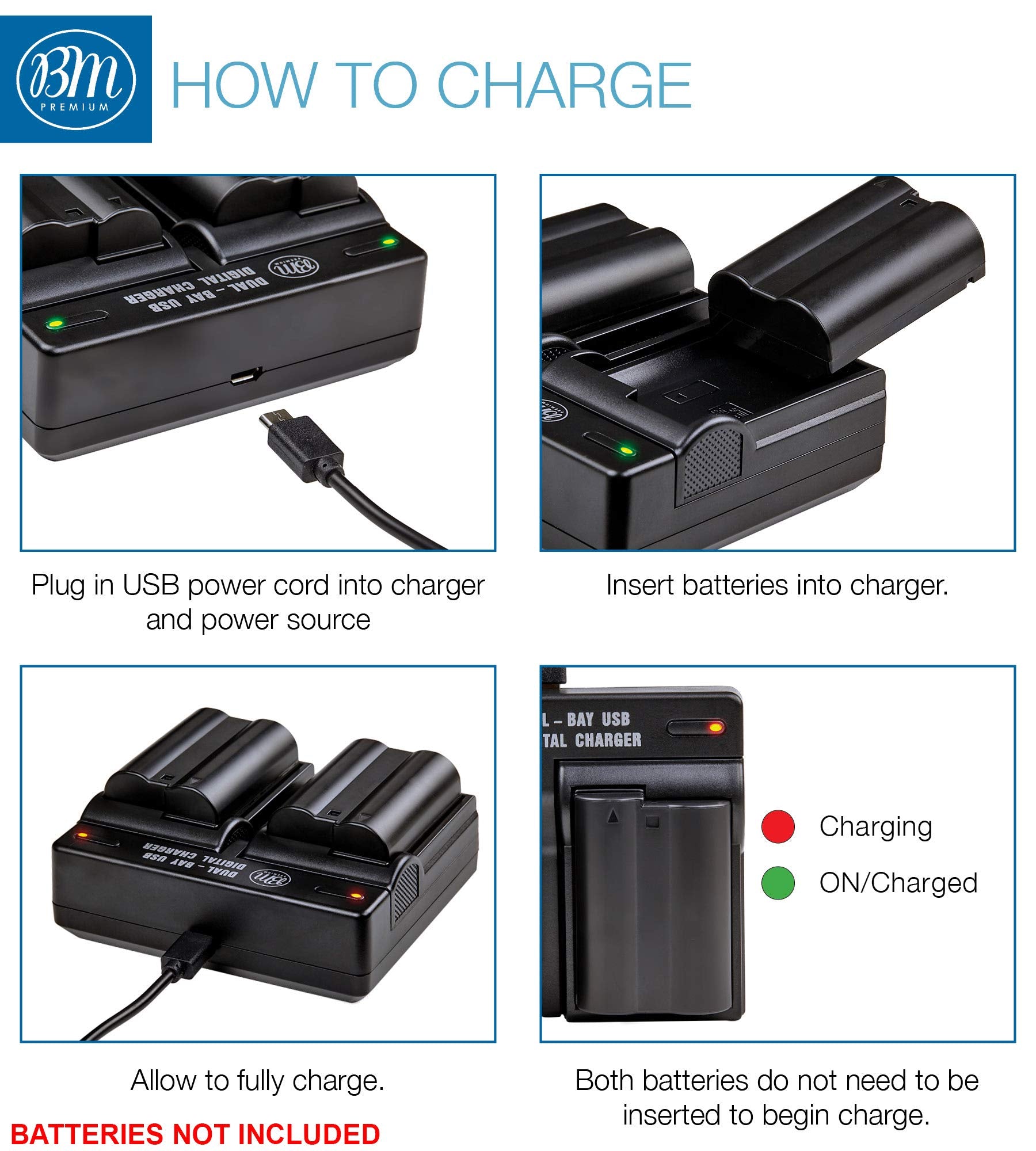 BM Premium Pack of 2 EN EL15 Batteries and USB Dual Battery Charger Kit for Nikon D7500, 1 V1, D500, D600, D610, D750, D800, D810, D810A, D850, D7000, D7100, D7200 Digital SLR Cameras