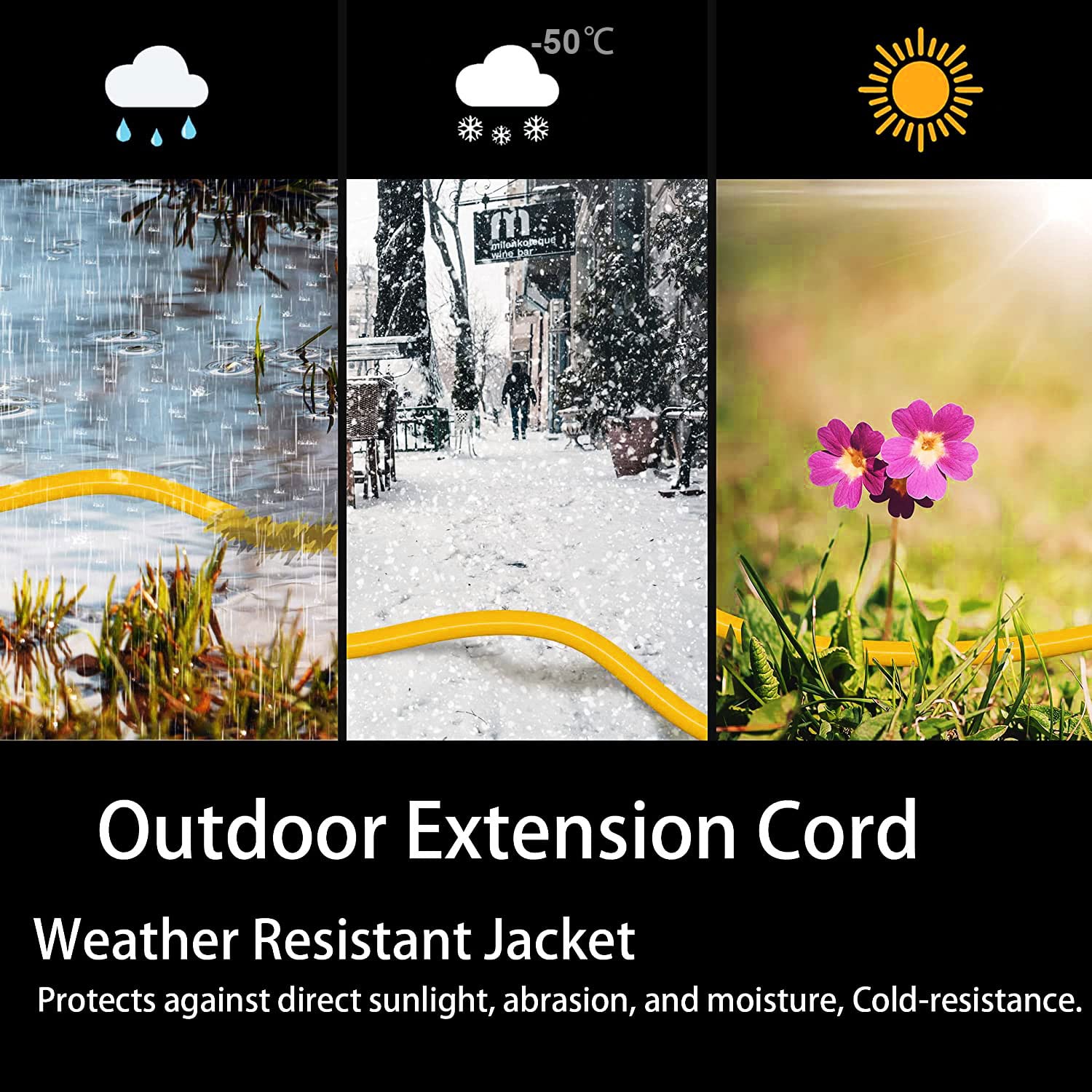 Huanchain 200 Ft 12/3 Gauge Outdoor Extension Cord Waterproof Heavy Duty With Lighted End, Flexible 3 Prong Electric Cord Outsid