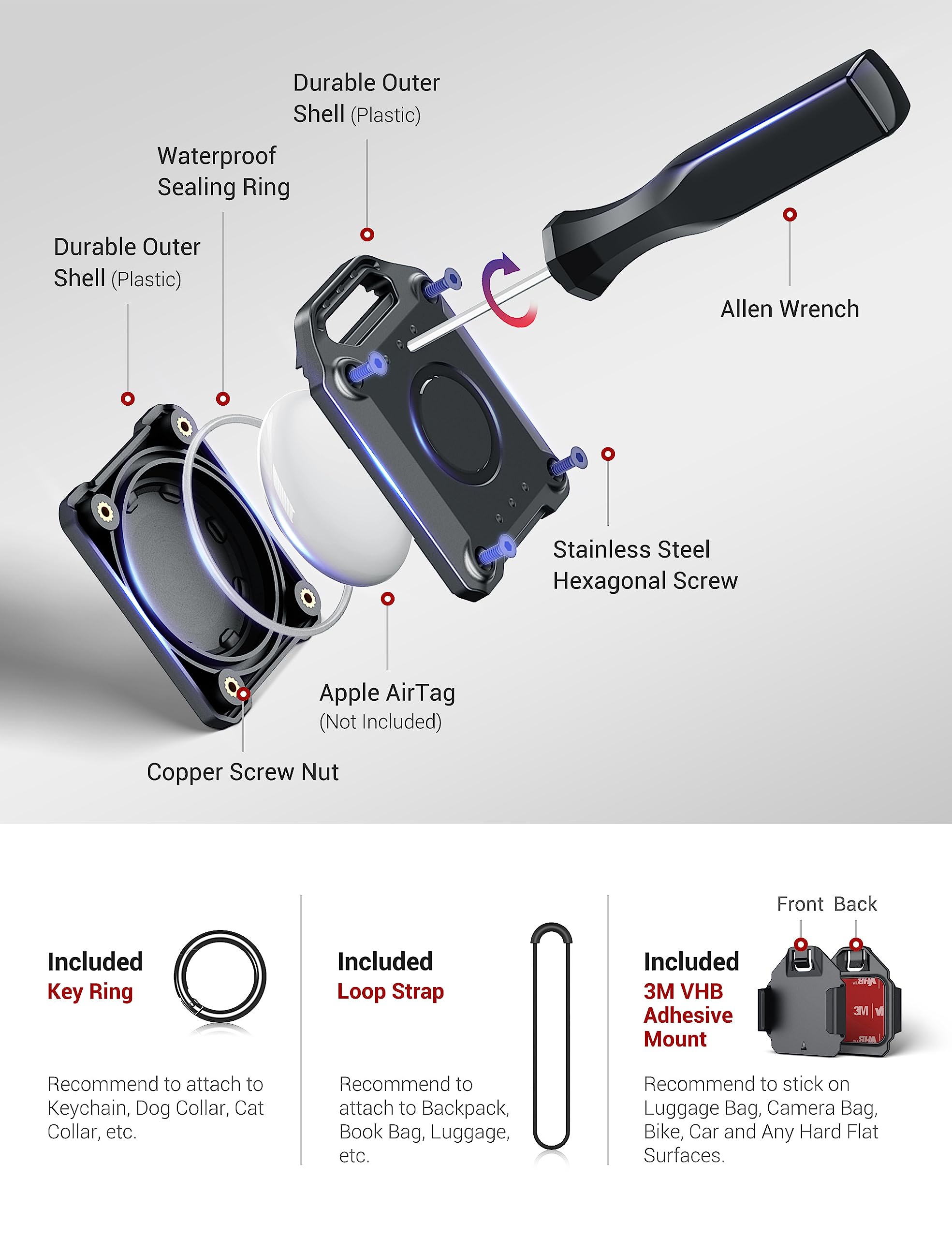 Profezzion 2 Pack Airtag Holder Air Tag Case With Key Ring, Loop Strap & 3M Adhesive Mount For Keychain, Dog Collar, Backpack, L