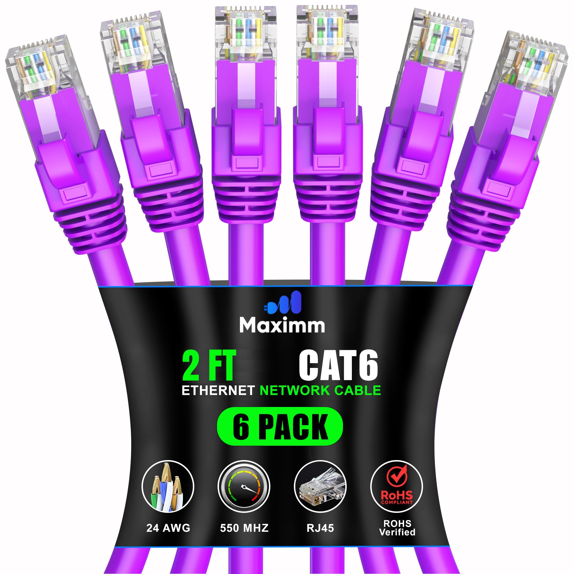 Maximm Cat 6 Ethernet Cable 2 Ft (6 Pack)   High Speed Lan Cable, Internet Cable, Patch Cable, And Network Cable   Utp, 10Gbps, 550Mhz Ethernet Cord   Purple