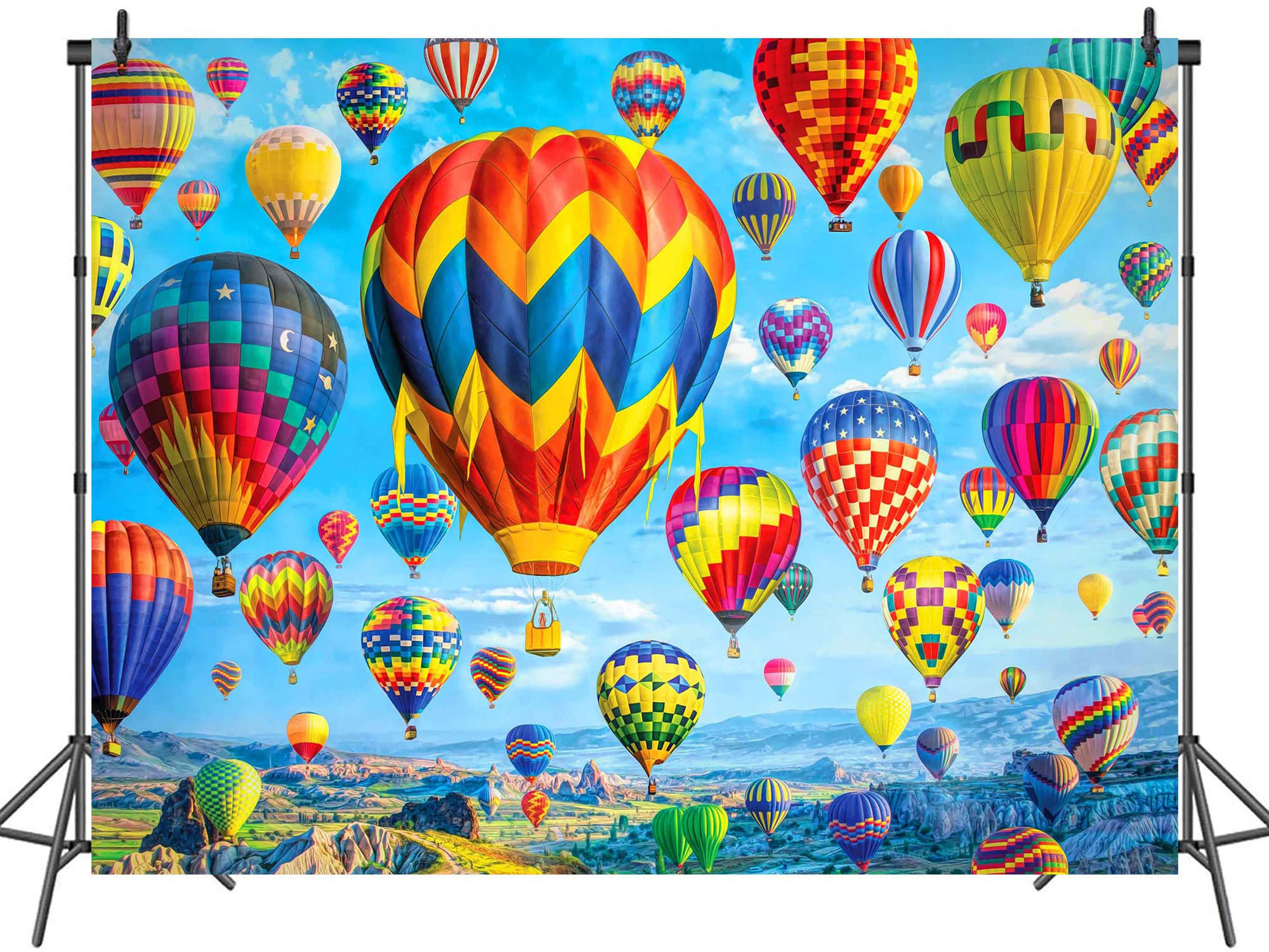 Emdspr 5X3Ft Hot Air Balloon Backdrop Colorful Rainbow Sky White Clouds Photography Background Mountains Natural Landscape Space