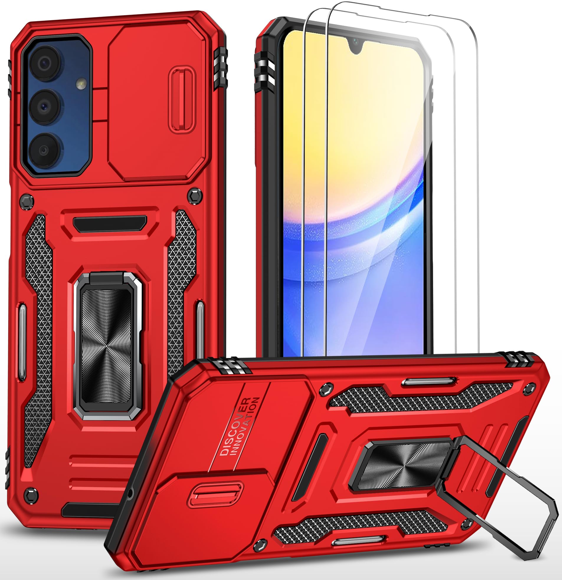 Ezanmull Samsung Galaxy A15 5G Protective Case, Military Grade Shockproof Phone Case With Slide Camera Cover, Rotated Ring Kicks