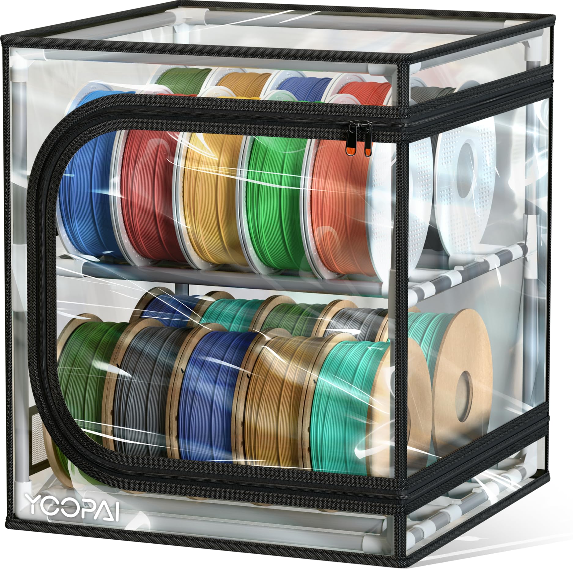 YOOPAI 3D Printer Filament Storage Box with Desiccants - 2 Tiers Metal Filament Storage Rack with Trans Cover,Holds Up to 24 Rol