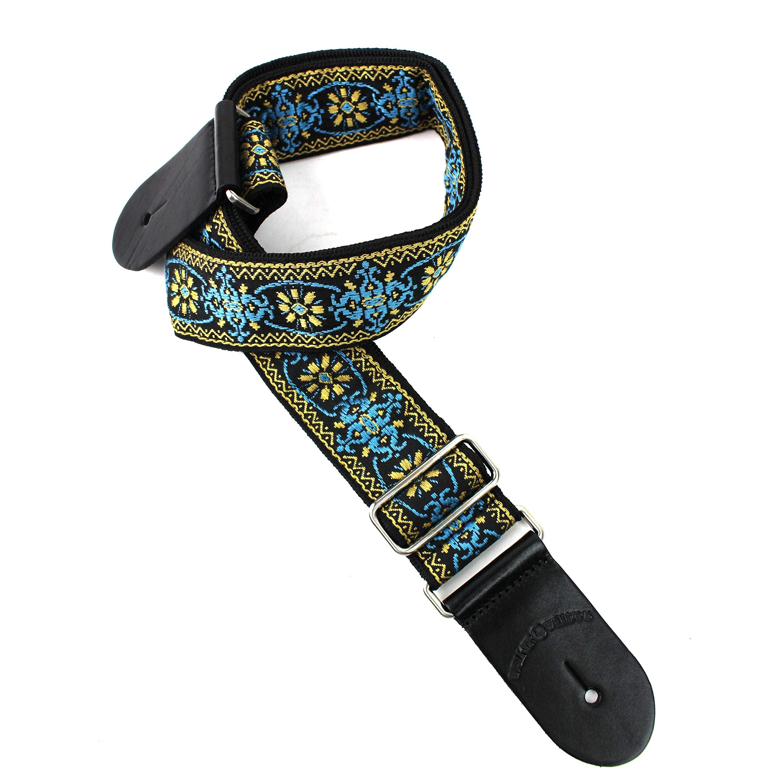 Walker & Williams H 01 Blue Woodstock Woven 60'S Style Premium Woven Guitar Strap With Thick Leather Endcaps For Acoustic, Elect