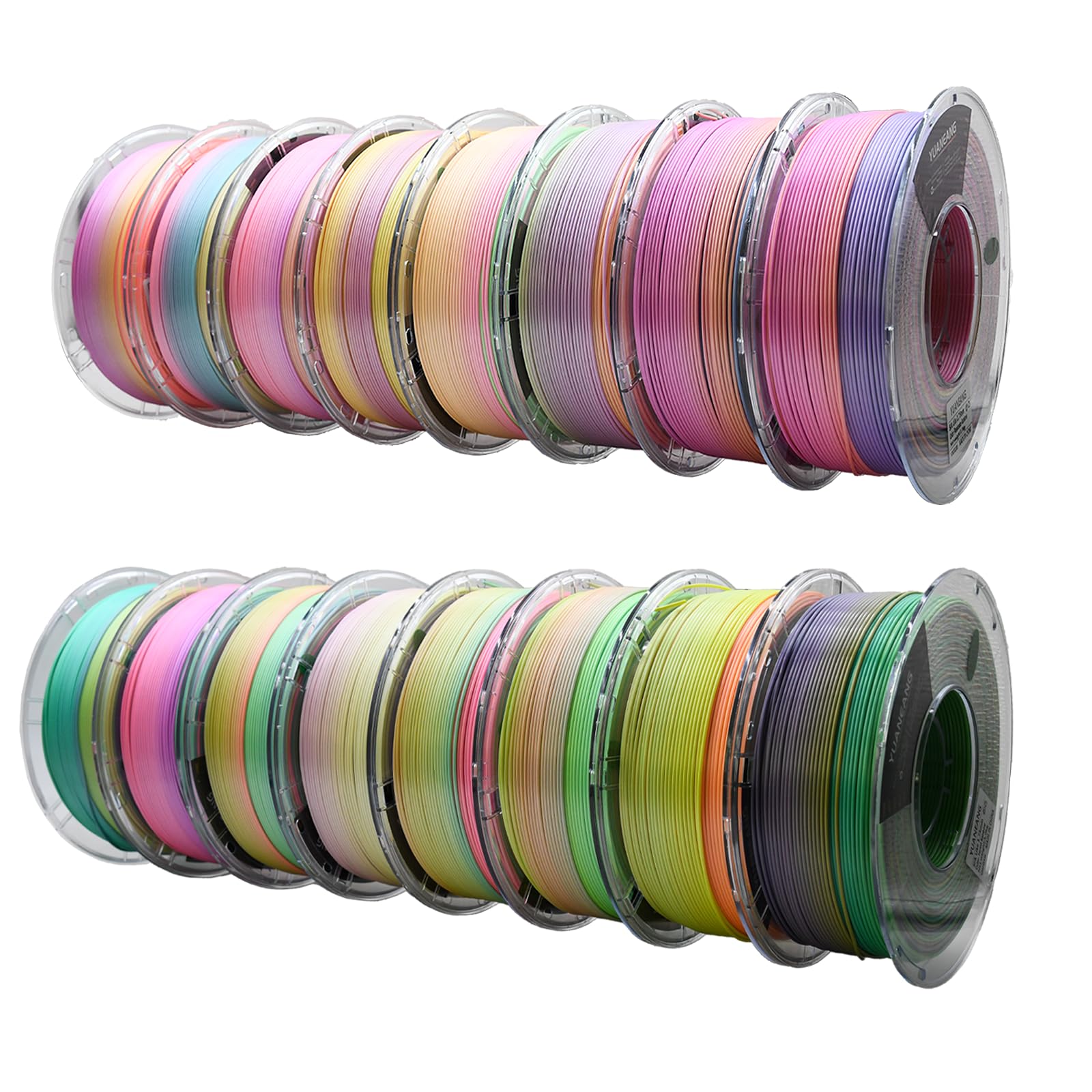 YUANEANG Silk Rainbow PLA Filament 1.75mm, 0.03mm Precision, Glossy Gradient & Solid Silk Colors, 1kg Spool (2.2 lbs), 16-Pack S
