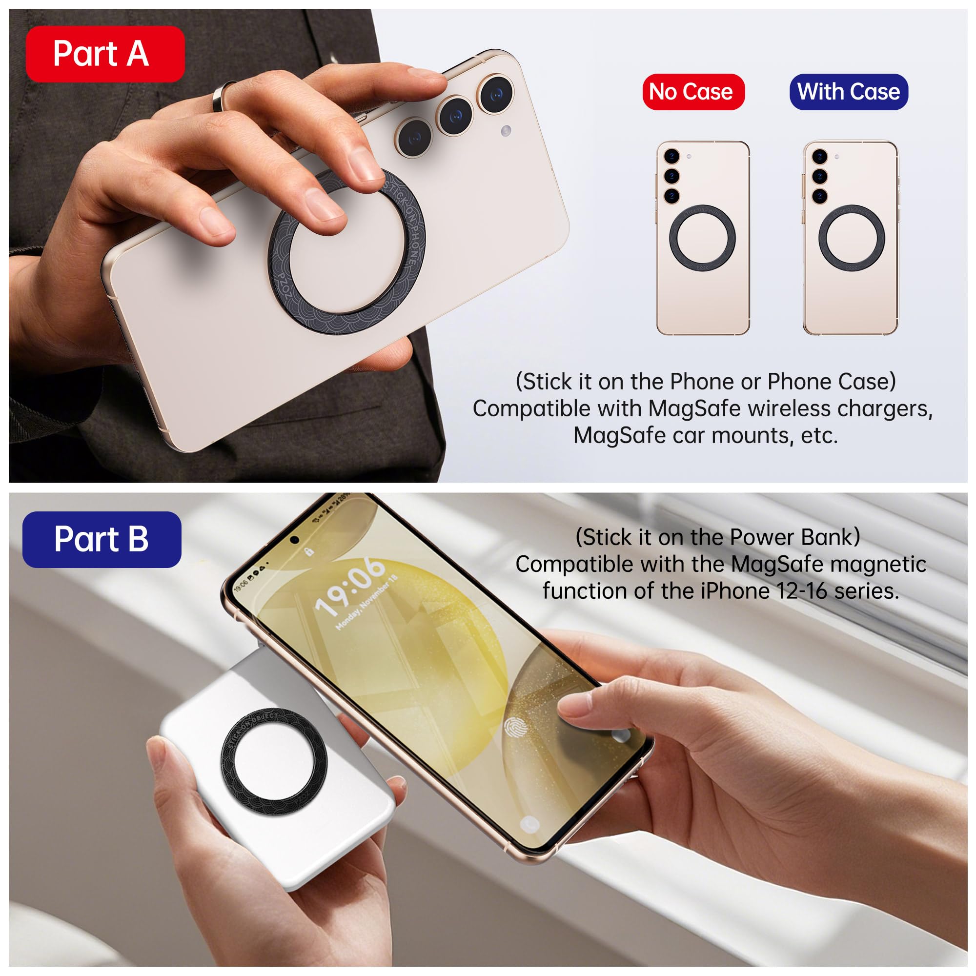 Pzoz A/B Dual-Sided (1 Set) Magnetic Ring Sticker For Magsafe Iphone 16 Holder Phone Case Suction Cup Wireless Charger Car Mount