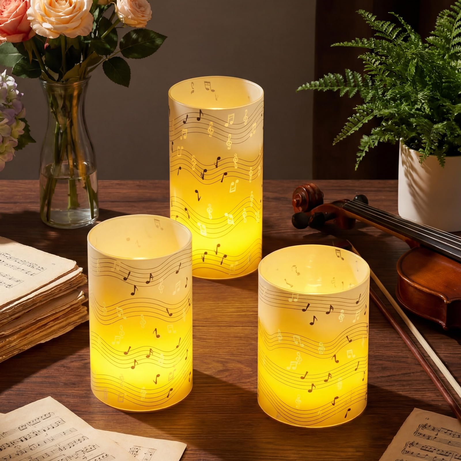 Baquler 3 Set Music Notes Flameless Candles Music Party Decorations Musical Lampshade with LED Tea Lights Black and Wihte Musica