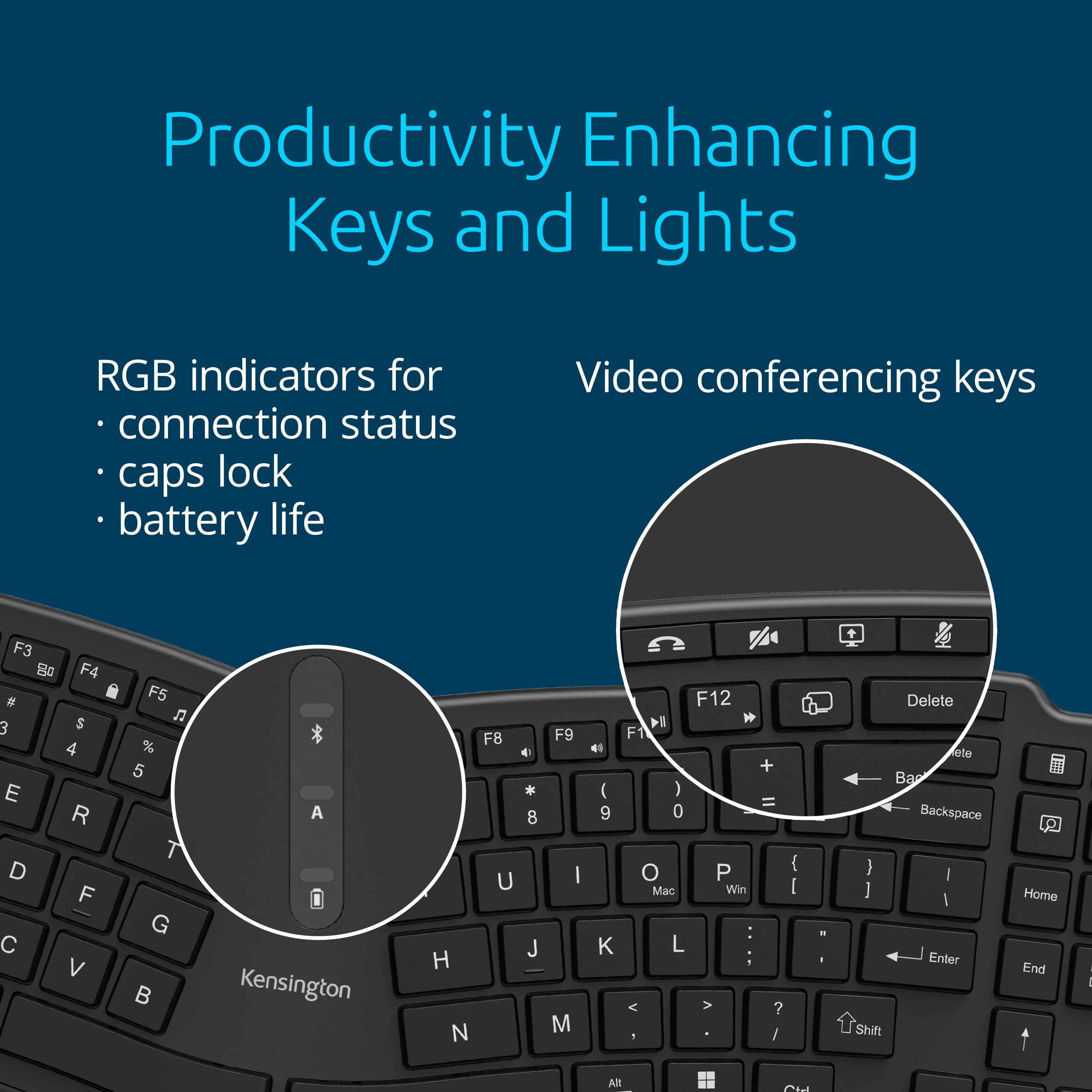 Kensington Pro Fit Ergo Wireless Keyboard Kb675, Ergonomic, Rechargeable, Bluetooth & 2.4Ghz Connection, Programmable Keys, Blac