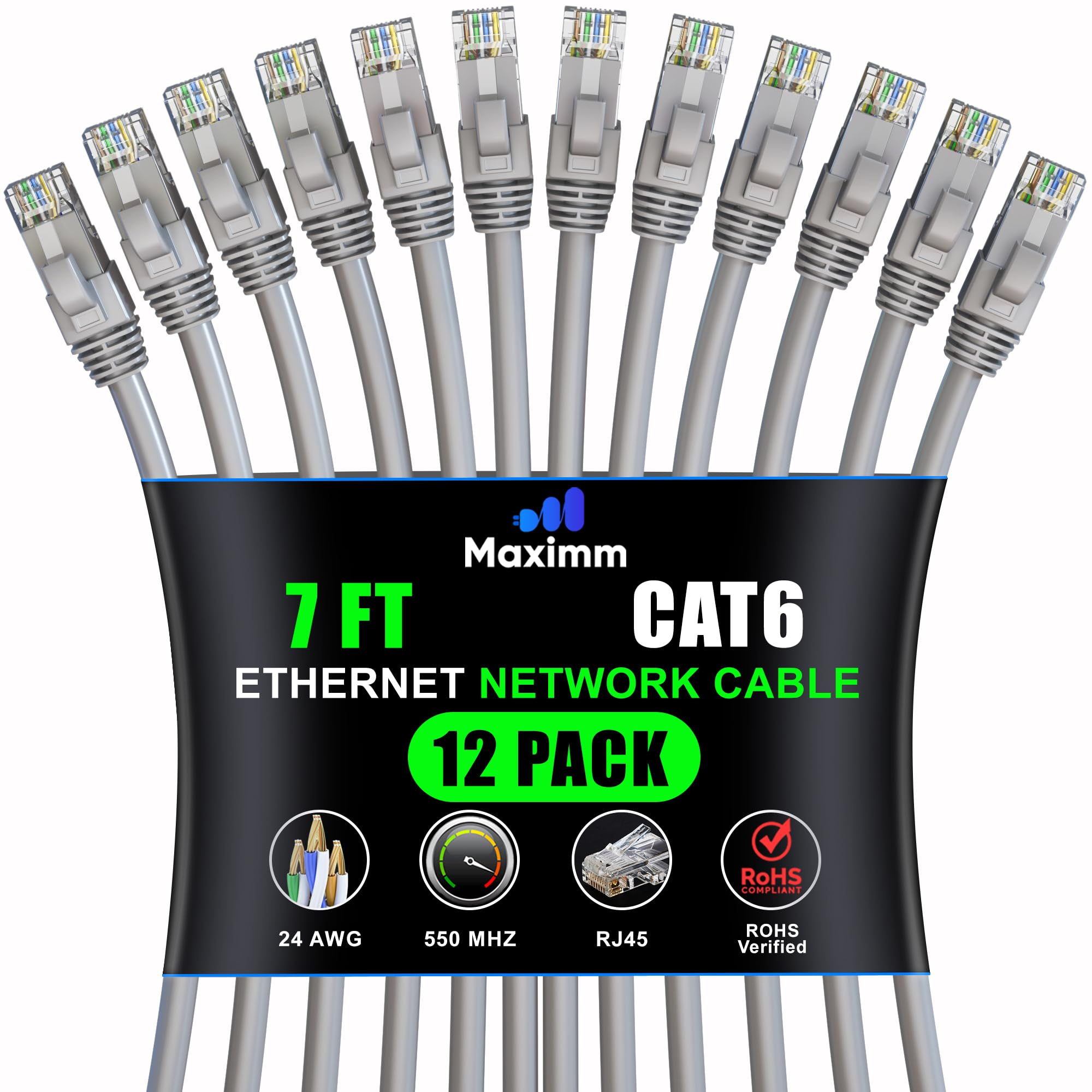 Maximm Cat 6 Ethernet Cable 7 Ft (12 Pack)   High Speed Lan Cable, Internet Cable, Patch Cable, And Network Cable   Utp, 10Gbps, 550Mhz Ethernet Cord   Gray