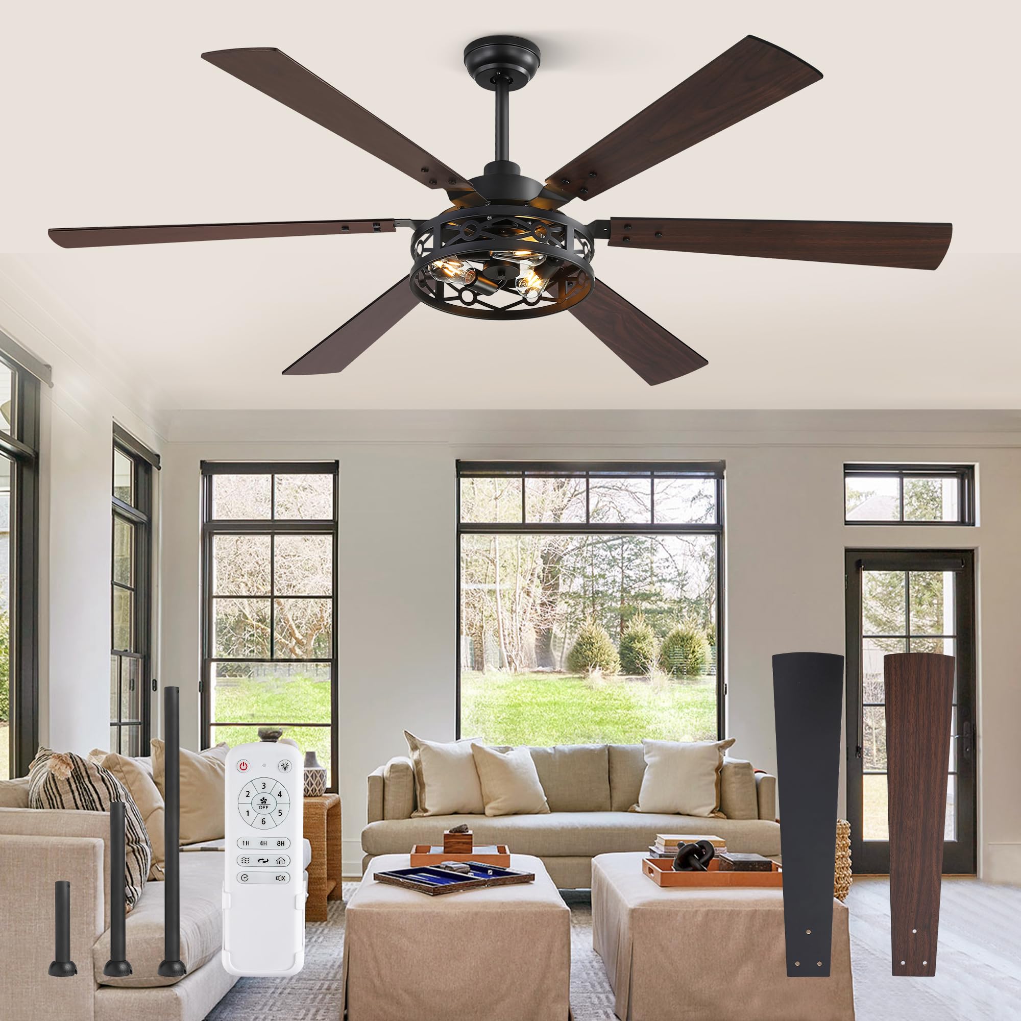Fanbulous 65 Inch Ceiling Fan With Lights, Farmhouse Caged Ceiling Fans With Remote, Black Industrial Ceiling Fans With Quiet Re
