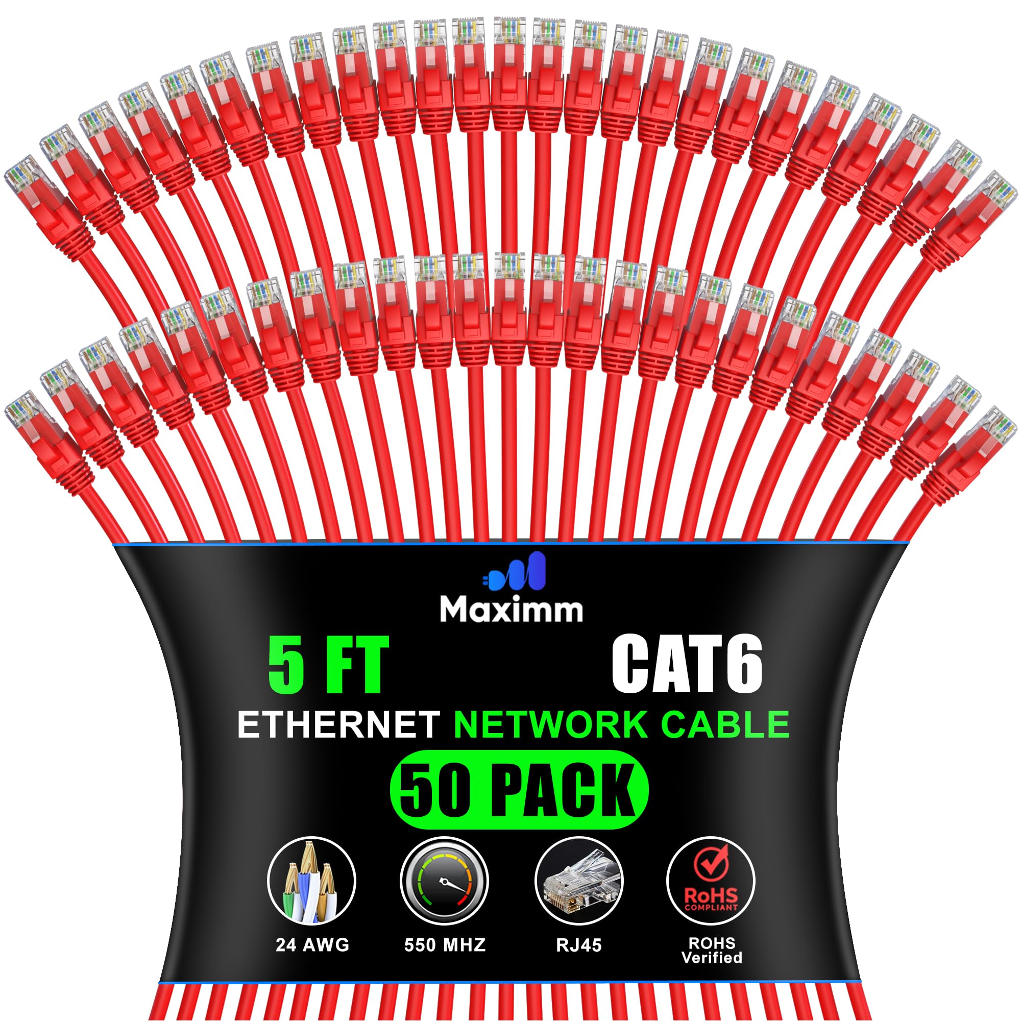 Maximm Cat 6 Ethernet Cable - 5 ft (50-Pack) - High-Speed LAN, Internet, Patch, Network Cable - UTP, 10Gbps, 550MHz Ethernet Cor