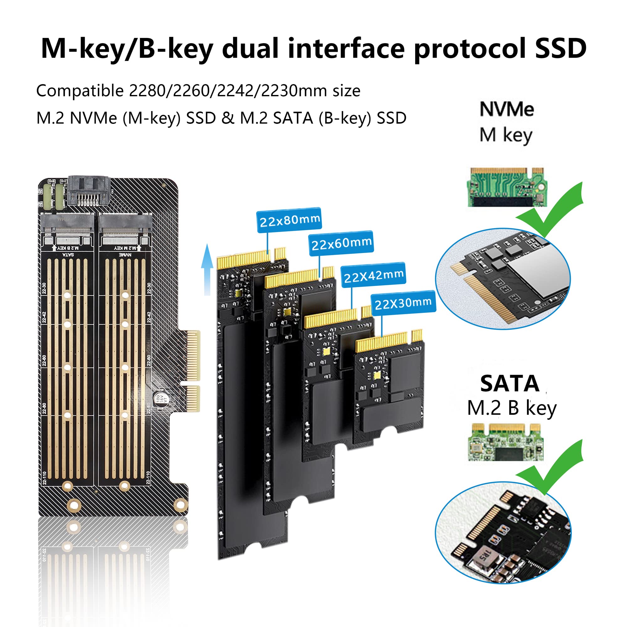 Gelrhonr M.2 Nvme Ssd To Pcie Adapter Card,M.2 Nvme(M Key) +Sata (B Key) Ssd Pcie 3.0 X4 X8 X16 Controller Expansion Card For 22