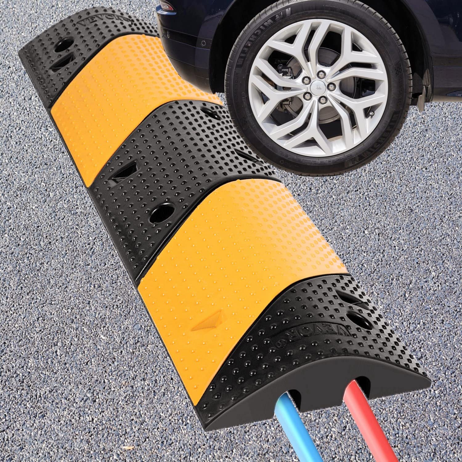 Nisorpa 40'' Rubber Speed Bump 2 Channel Heavy Duty Cable Protector Ramp With 4 Bolts 22000Lbs Load Driveway Modular Traffic Dri