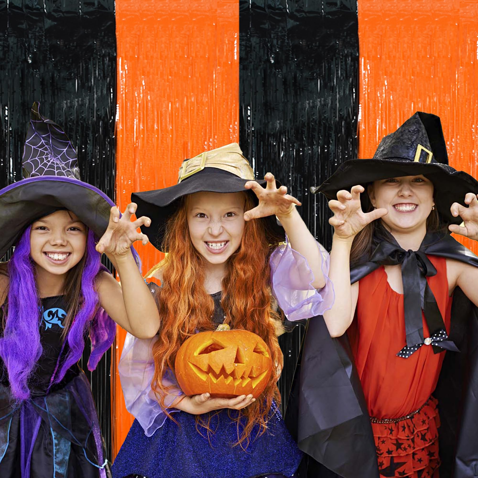 Beishida 2Pcs Orange Black Door Streamer Happy Halloween Backdrop Pumpkins Foil Fringe Tinsel Horry Party Curtains Backdrops For