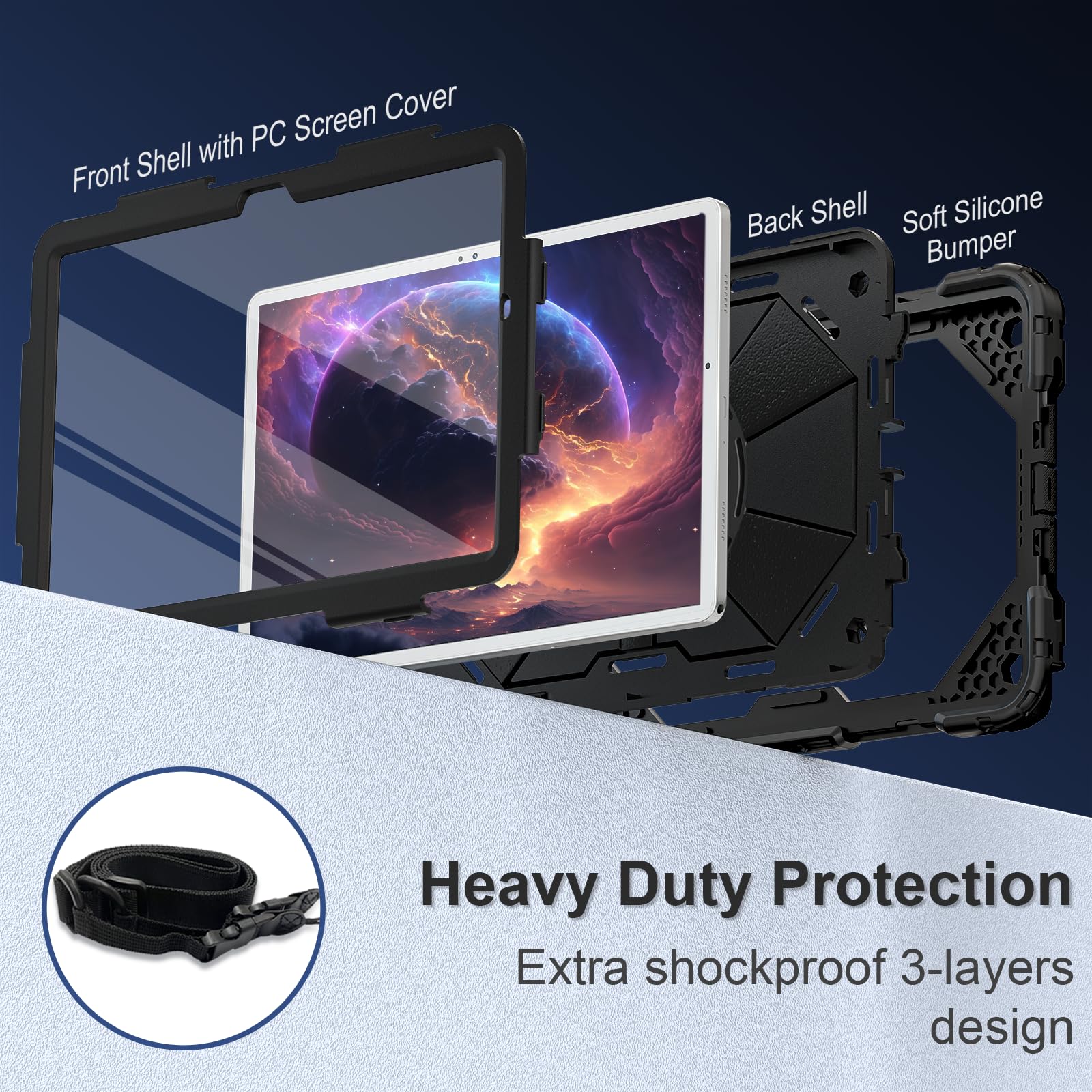 Galaxy Tab A9 Plus Case 11 Inch, Rugged Case For Samsung Galaxy A9+ Tablet Case With Screen Protector 360 Rotating Stand Shoulde