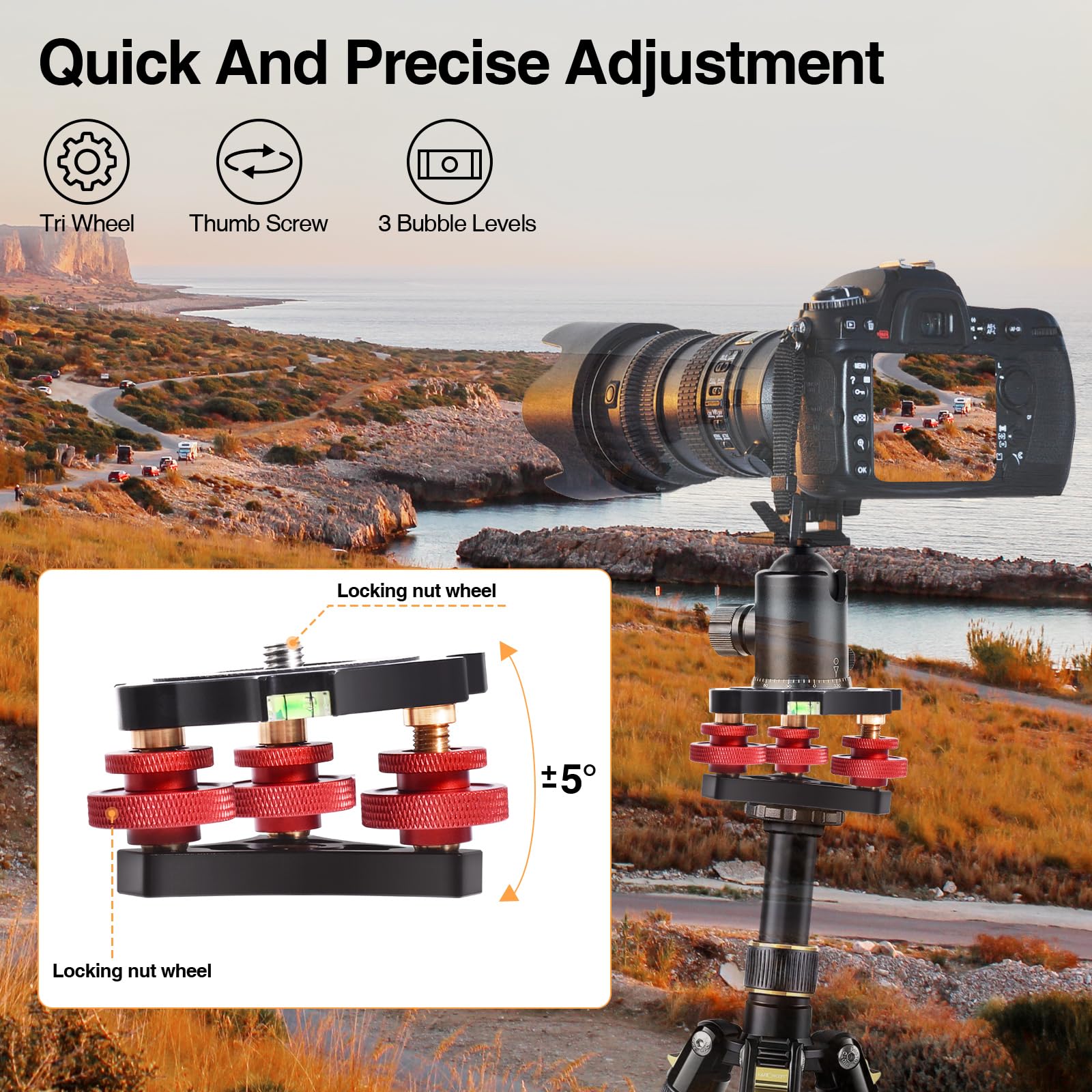 Tripod Leveling Base,Tripod Head Leveling Base Camera Leveler,Tripod Leveler,3/8   Thread,+/ 5Precise Angle Adjustment,Aircraft