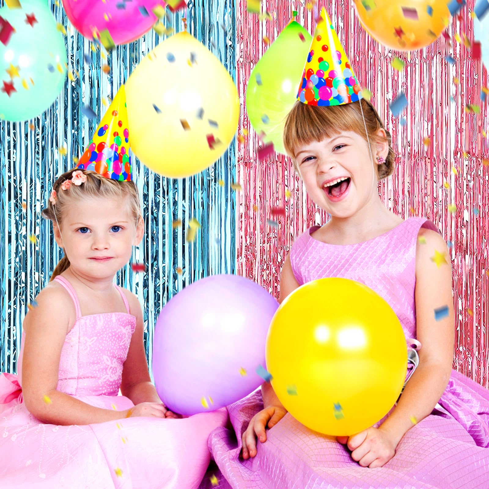 6 Pack Pink Blue Foil Fringe Curtain Backdrop, 3.28Ft X 6.6Ft Metallic Tinsel Foil Fringe Streamer Curtains For Photo Booth, Chr