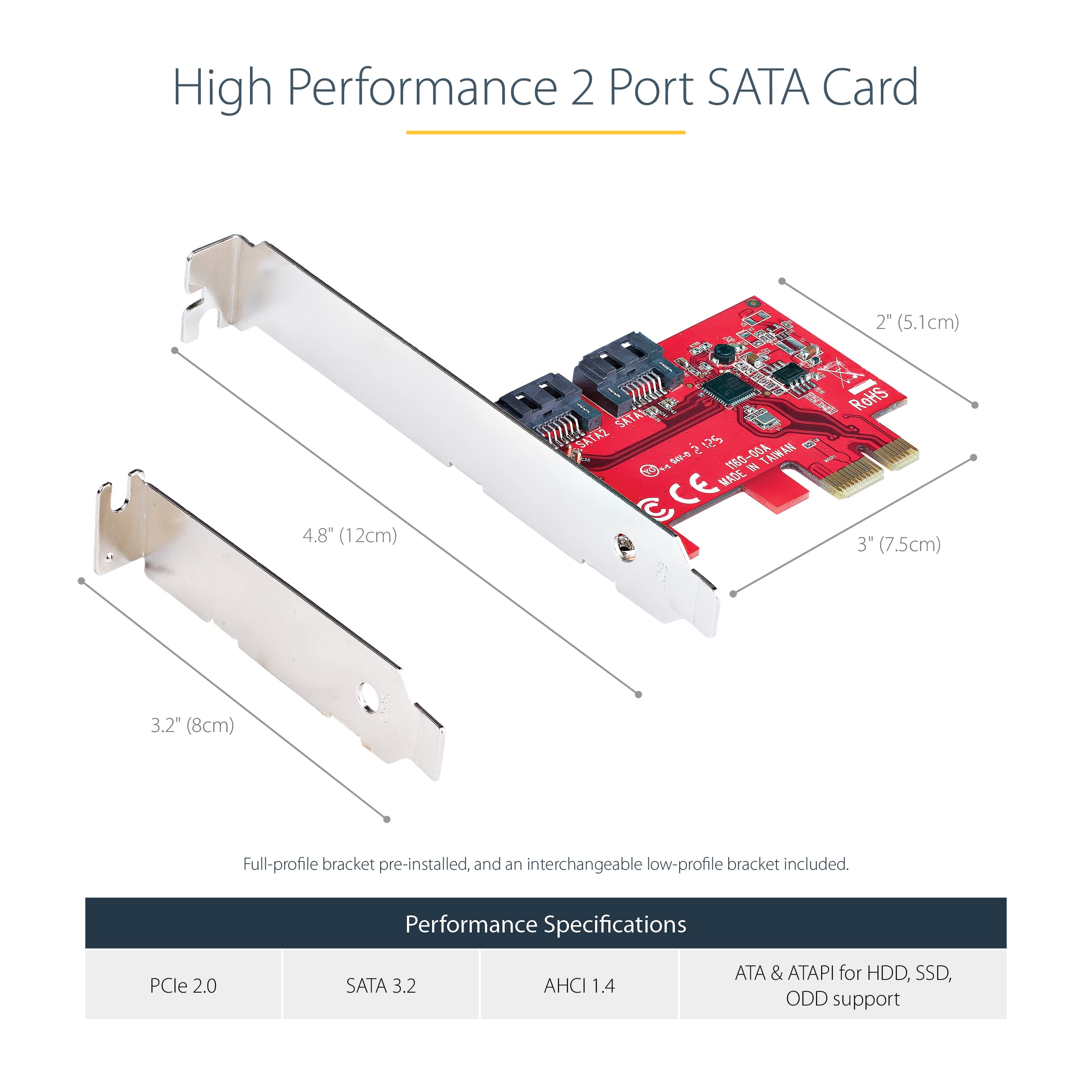 Startech.Com Sata Pcie Card - 2 Port Pcie Sata Expansion Card - 6Gbps - Full/Low Profile - Pci Express To Sata Adapter/Controlle