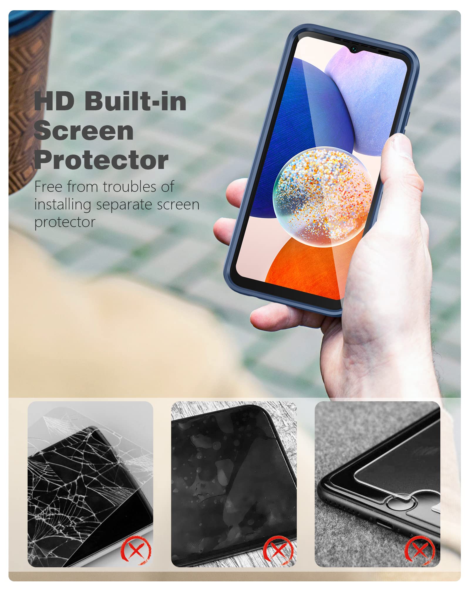 FNTCASE Samsung Galaxy A14-5G Case - Shockproof Slim TPU Cover with Built-in Screen Protector, Navy Blue, Rugged Drop Proof Protection