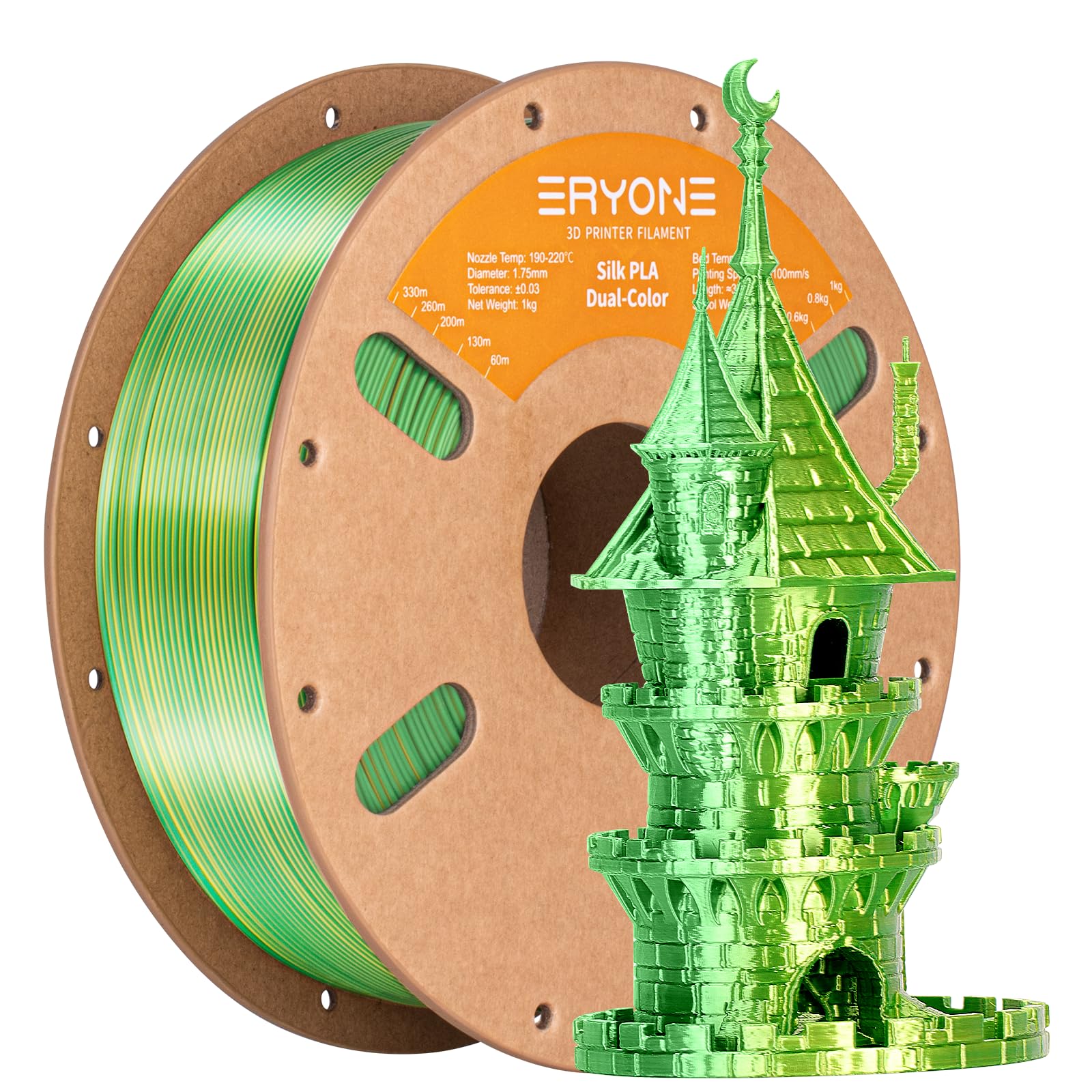 ERYONE Silk Dual Color PLA Filament 3D Printer 1.75mm +/- 0.03mm, Bicolor Two Tone PLA 1KG(2.2lbs) Cardboard Spool, Yellow Green
