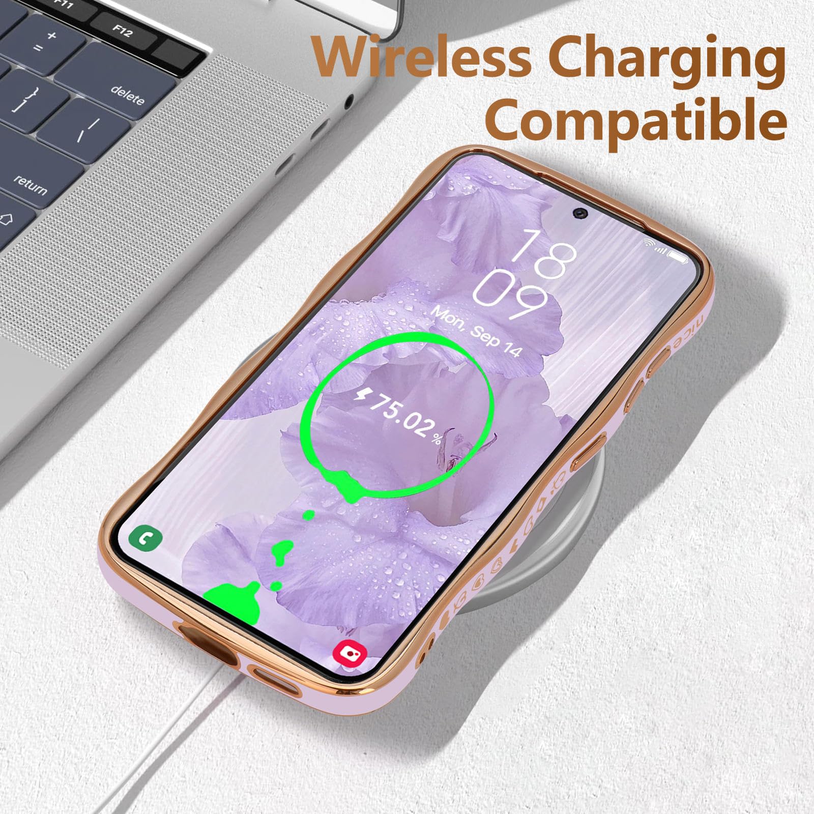 Lchulle For Samsung Galaxy S22 Plus Case For Women Girls, Cute Wave Frame Curly Shape With Love Heart Raised Camera Protection L