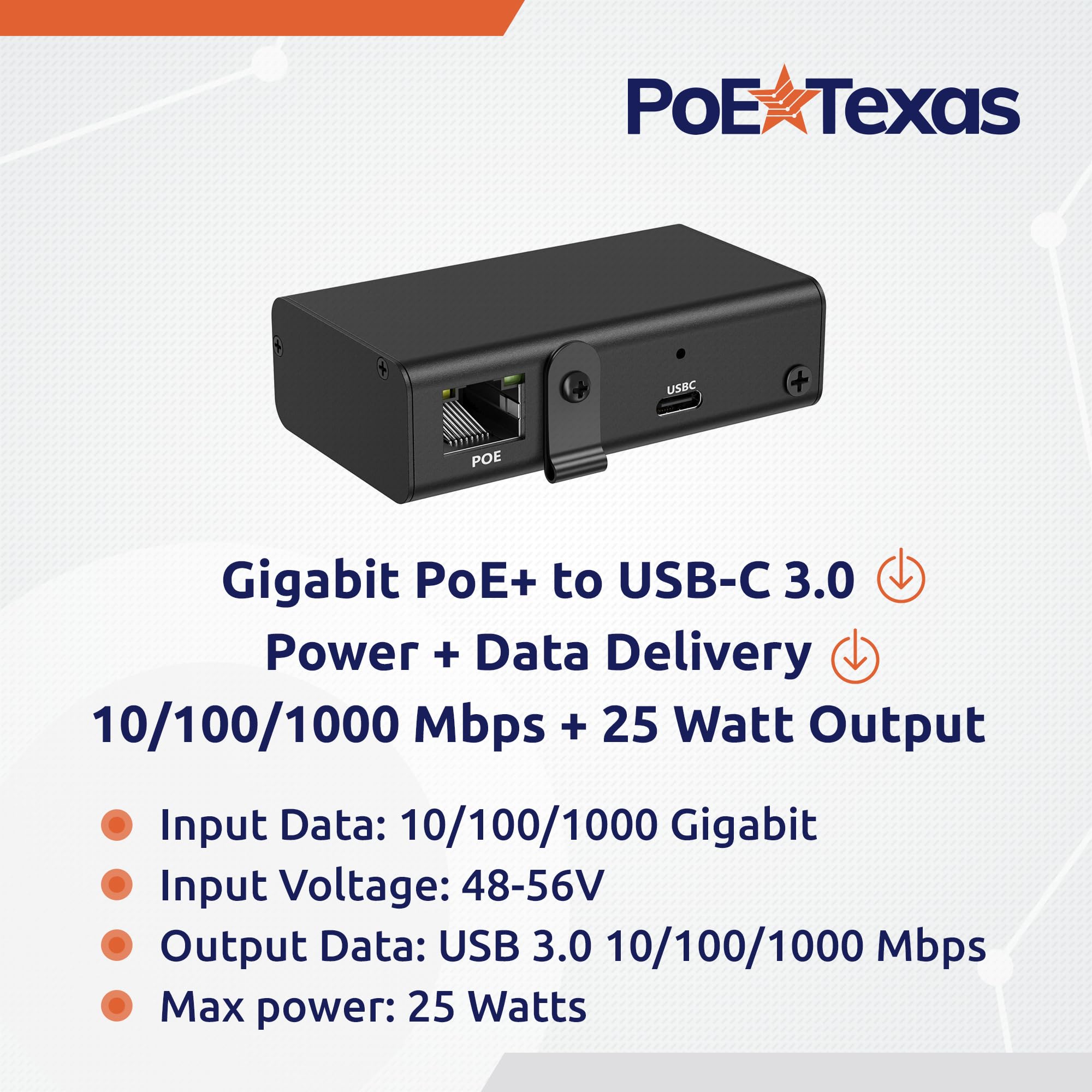 Poe Texas Gigabit Poe+ To Usb C 3.0 Power And Data Delivery For 25W Tablets   802.3At Power Over Ethernet Adapter   Active Poe A
