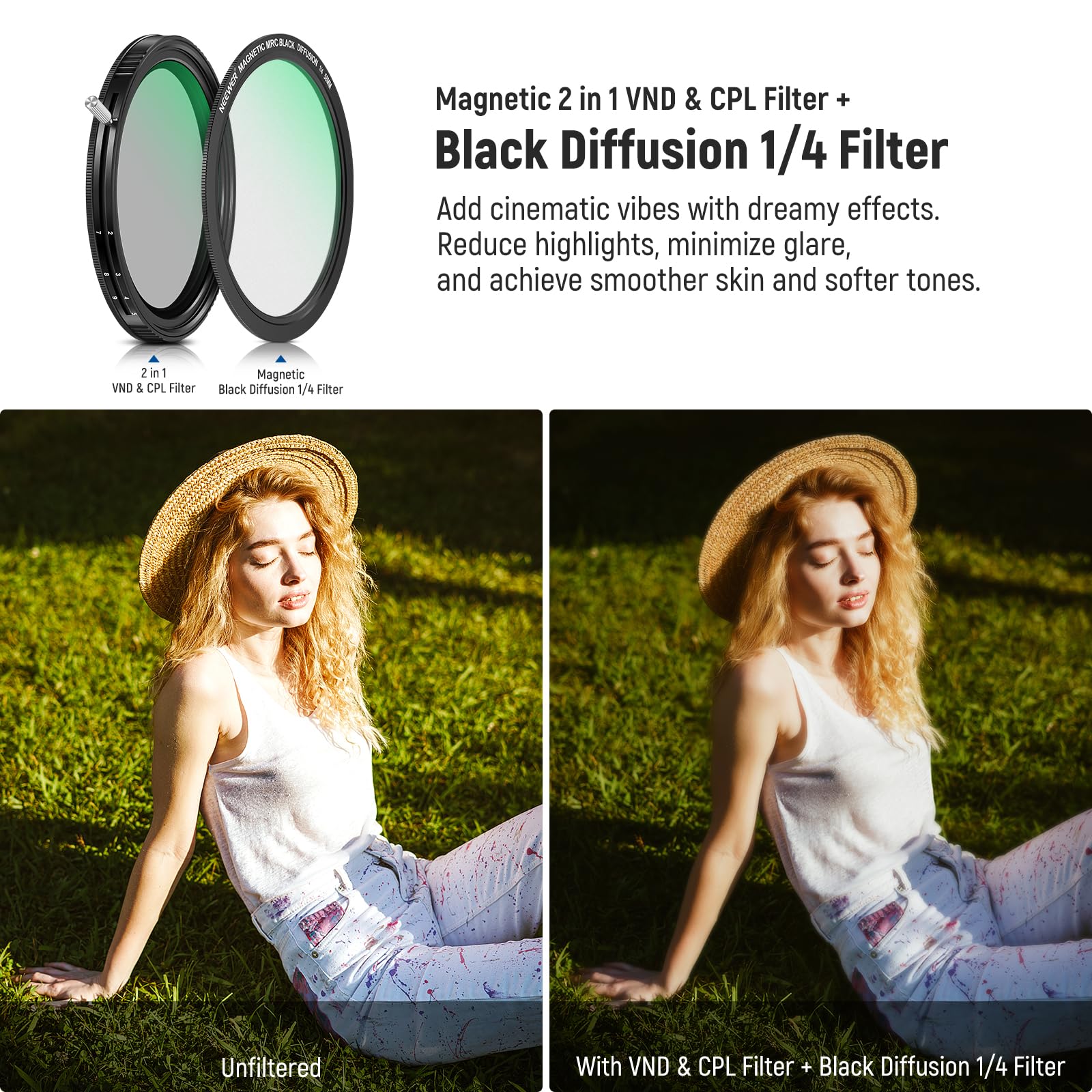 Neewer 58Mm Versatile Magnetic Filter Kit, 2 In 1 Variable Nd2 Nd32 & Cpl Circular Polarizing Filter, Nd32, 1/4 Black Diffusion,