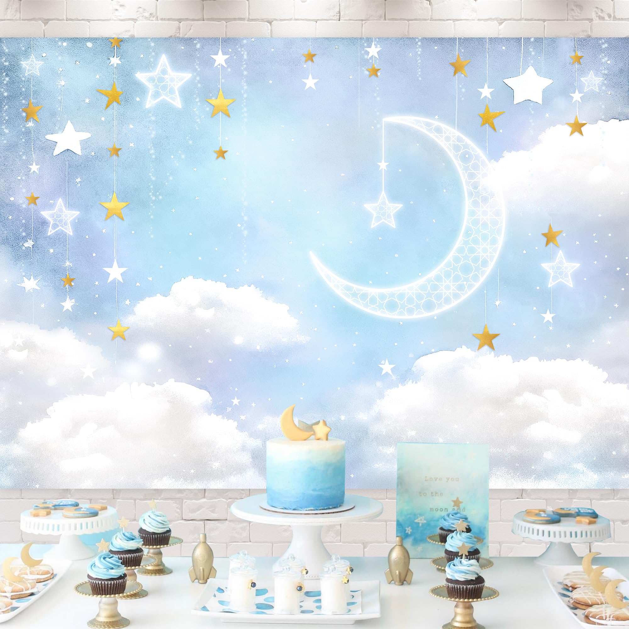 Glawry Cloud Baby Shower Boy Backdrop 7Wx5H Feet Cartoon Cute Blue White Gold Over The Moon Twinkle Star Banner Party Decoration