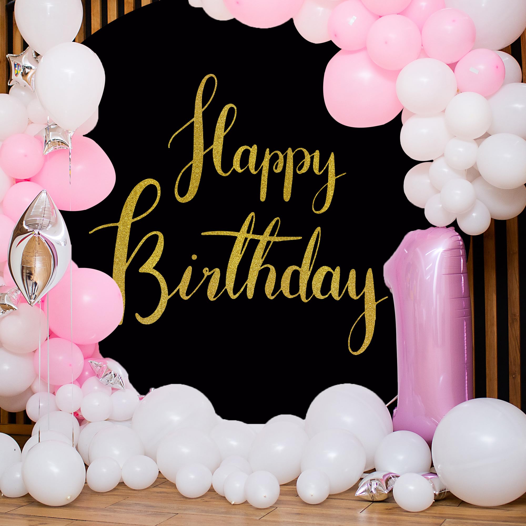 Jditngp 6.5Ftx6.5Ft Gold Happy Birthday Sign Round Backdrop Cover,Black Round Backdrop Cover Happy Birthday Party Decoration Bla