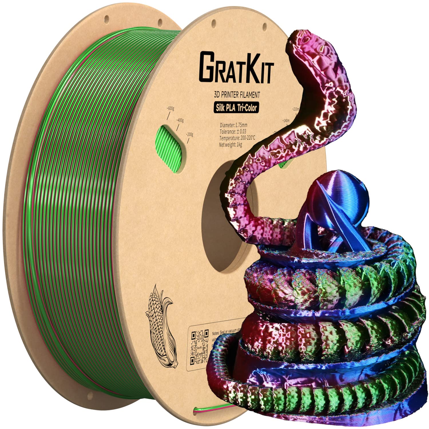 Gratkit Silk Tri Color Pla Filament,Coextrusion Pla Filament 1.75Mm,  0.03Mm, 1Kg/Roll, Silk Pla Red & Blue & Green