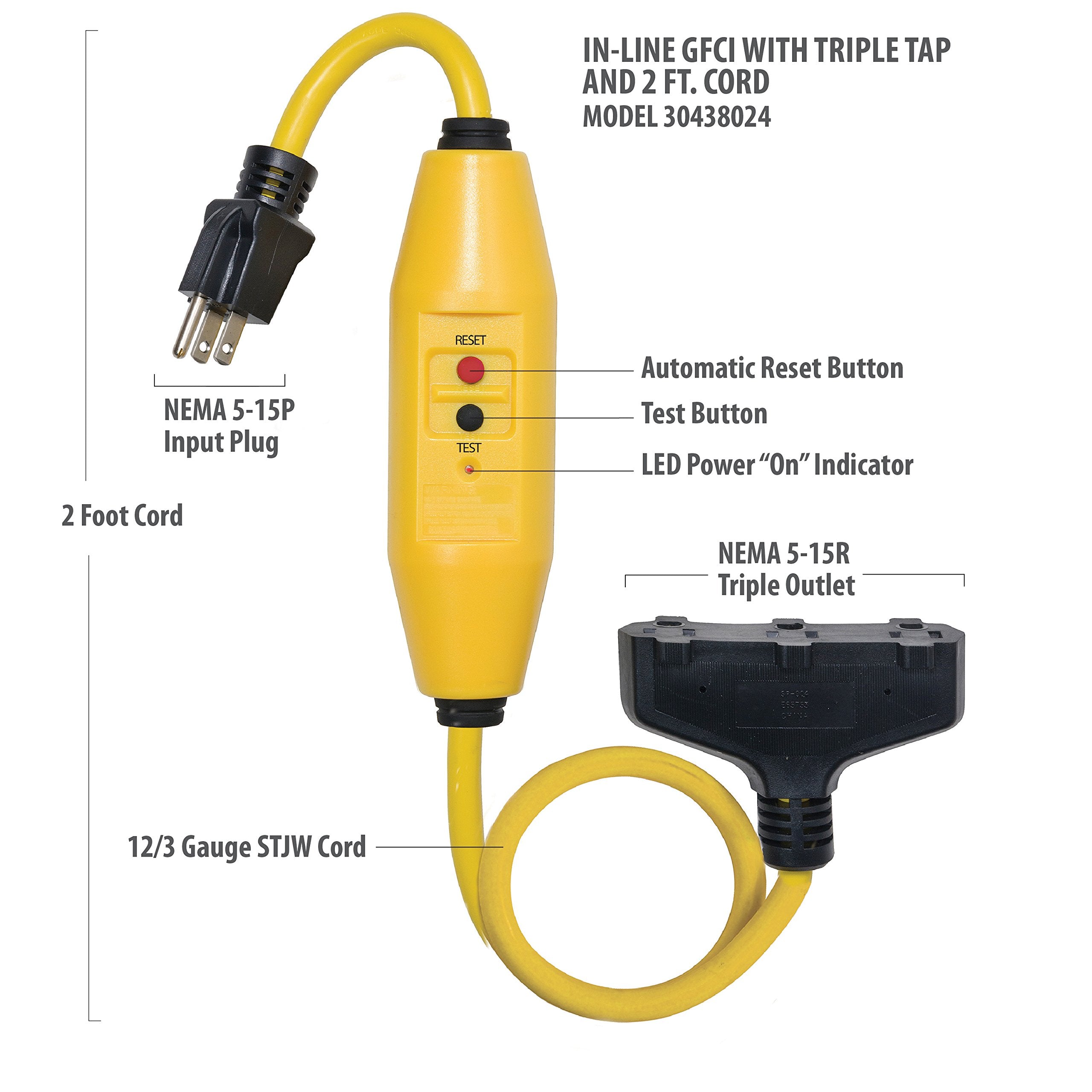 Tower Manufacturing 30438024 Auto Reset 15 Amp Inline Gfci Triple Tap Cord, 2 Feet, Yellow